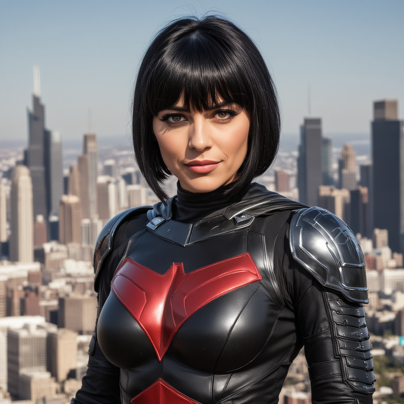 super hero woman bob cut  shoulder length with bangs black haor in her sixties , looking directly at camera still can see his face ,
dressed in super hero suit with belt the suit in black, little red and little blue , armor , belt, in eclipse skyline waist up
