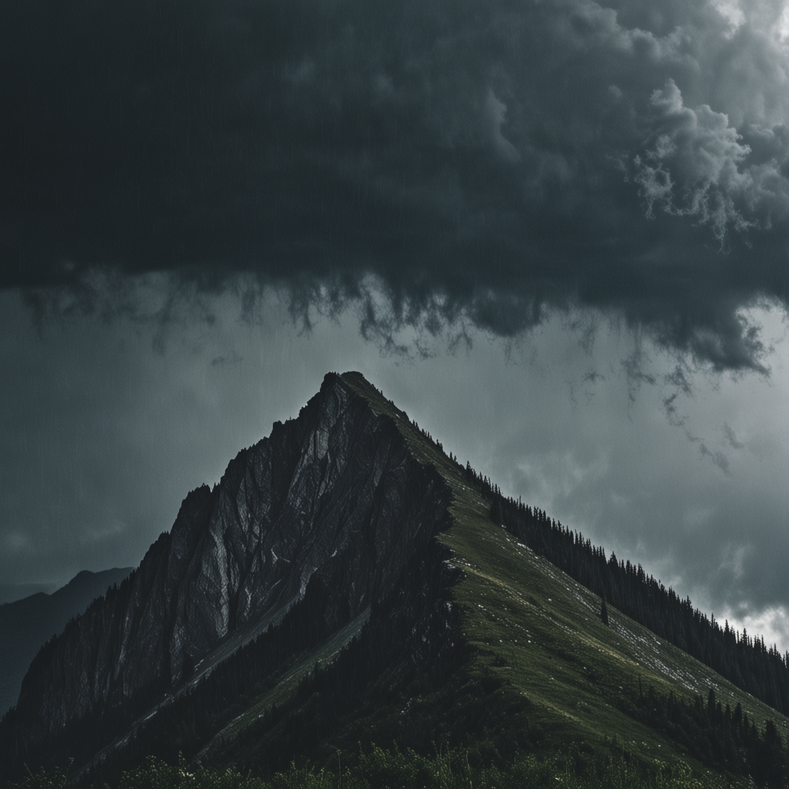 Stormy Mountain Landscape with Dark Clouds and Rain