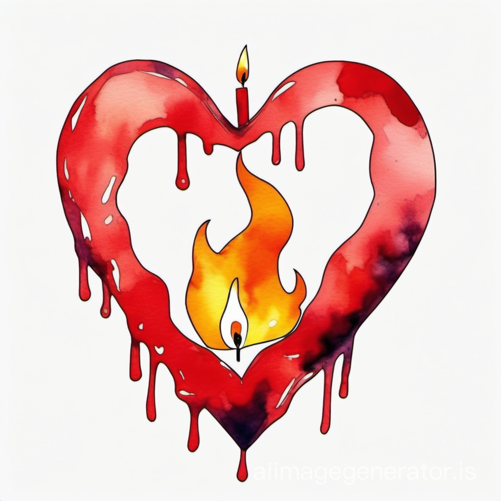 Abstract cartoonish watercolor design of a melting flaming heart candle, sumi-e watercolor style, tshirt print design, with empty background 