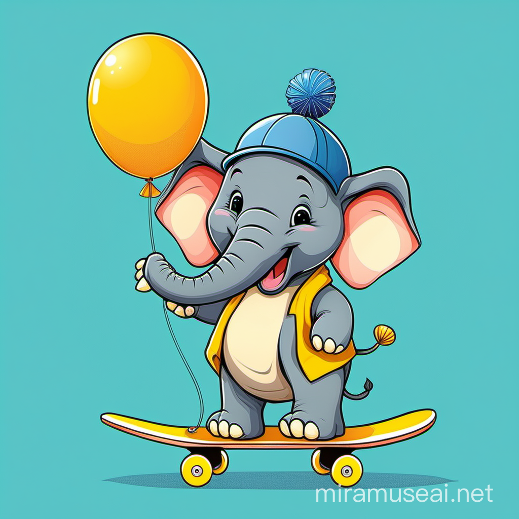 cute, adorable, cartoon-like, grey elephant, very happy and smiling, wearing sunglasses, holding blue baloon with his elevated trunk, wearing blue hat, standing on a skateboard, big yellow circle in the background