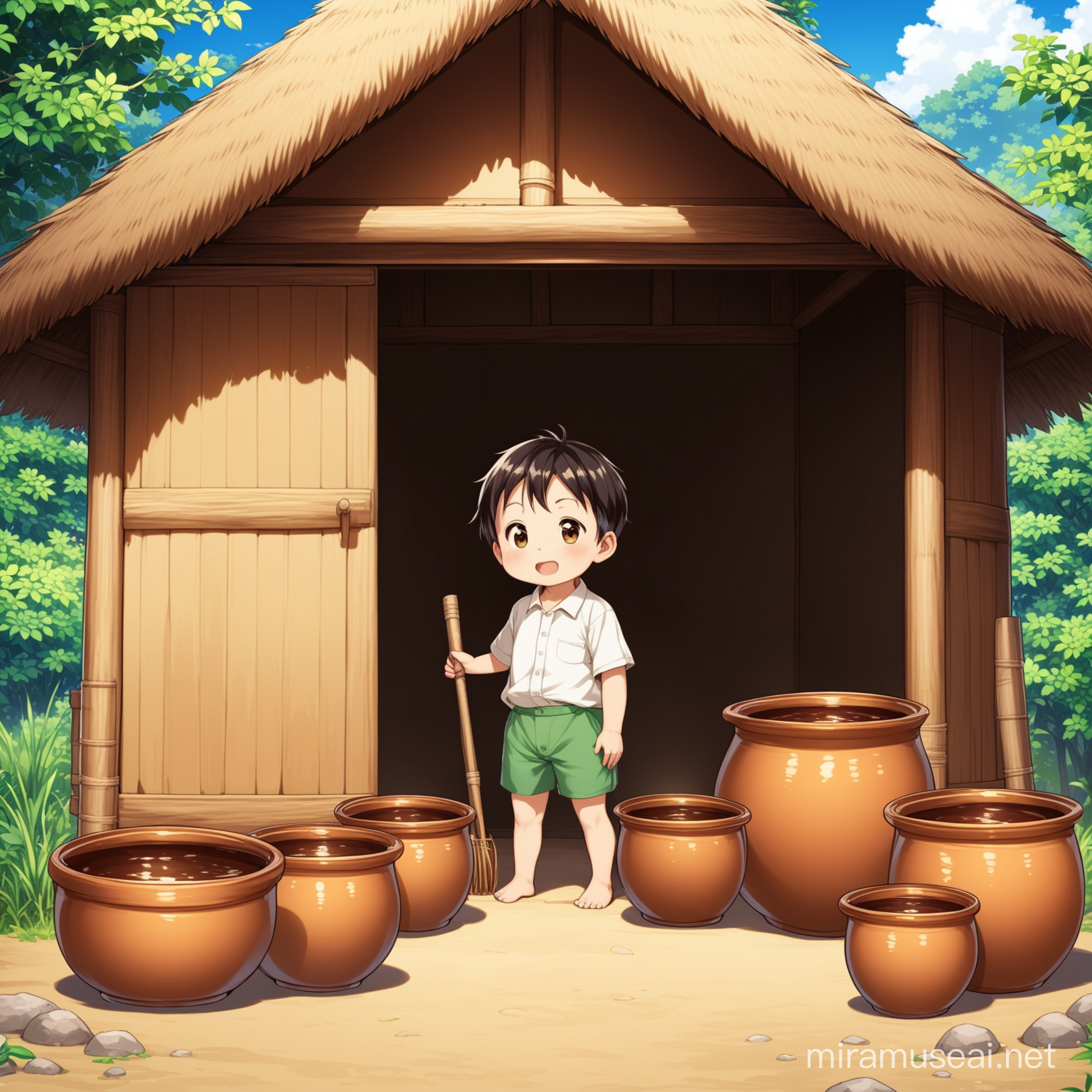SixYearOld Boy in Hut with Big and Small Pots