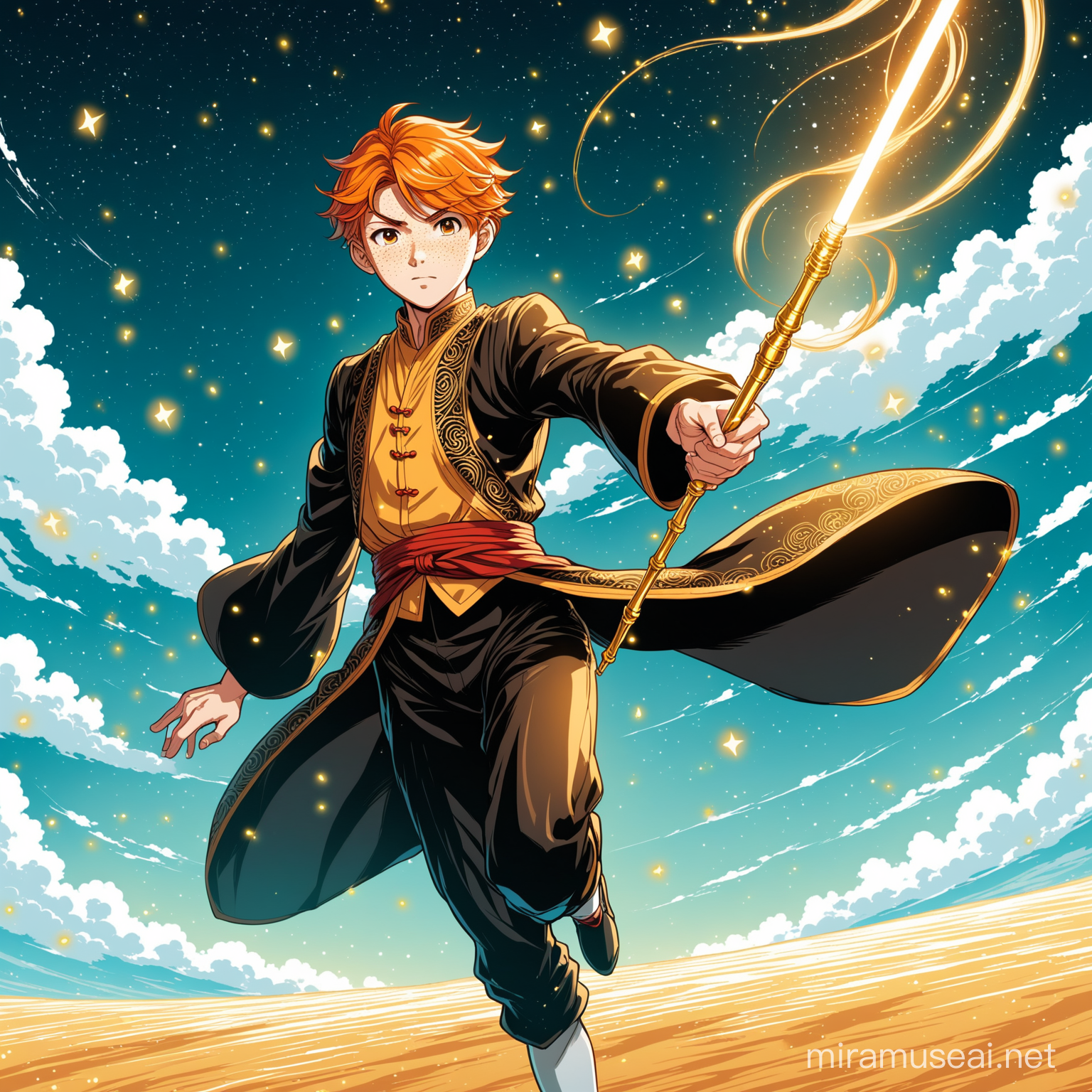 Young male magician with effeminate face, short-cropped orange hair, oriental magician's outfit, freckles, hazel eyes with golden highlights, on a gigantic plain, wind blowing, manga style, magic wand.