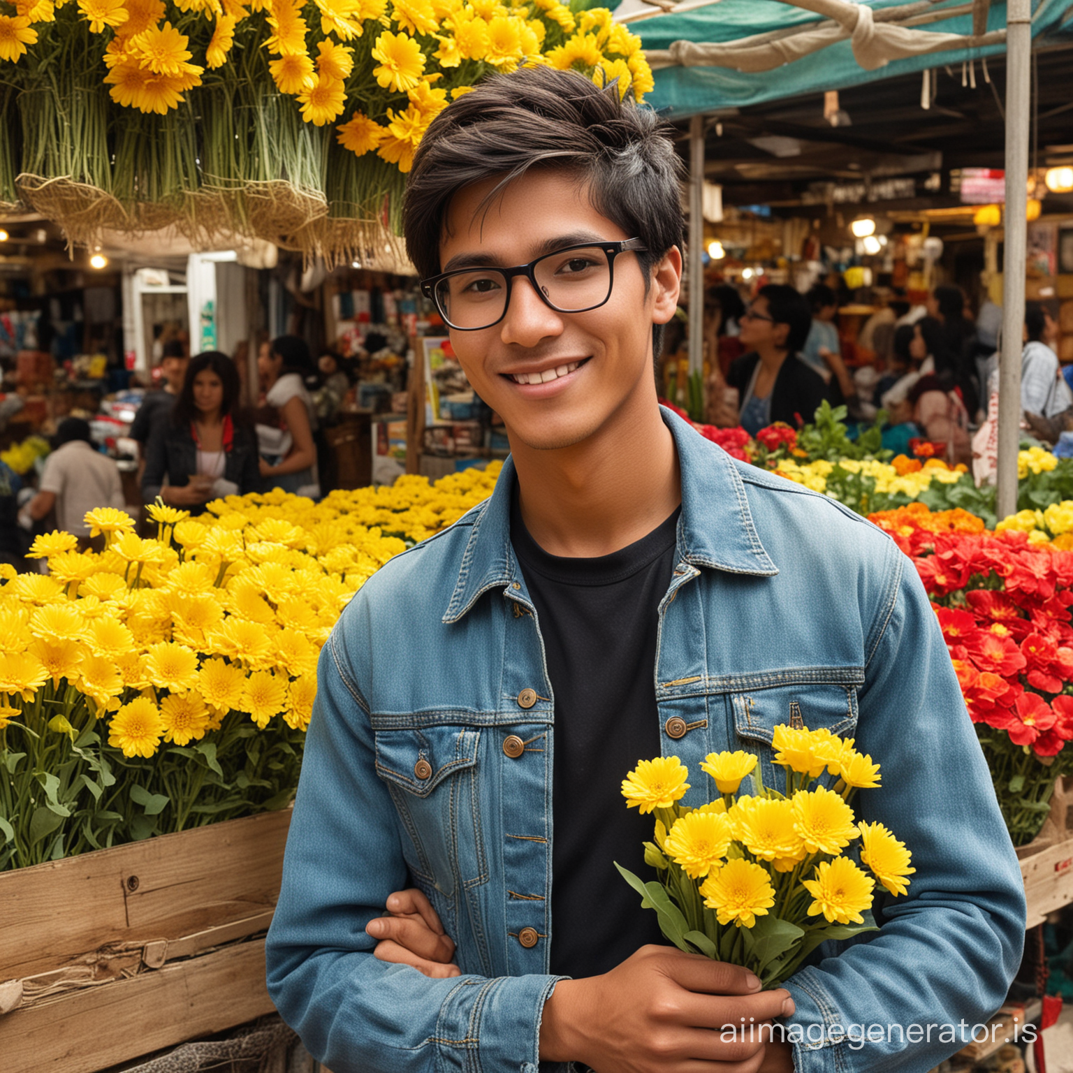 Entre el bullicio y los colores vibrantes del mercado peruano, destacaba mi figura, un chico de 21 años trigueño con una casaca de jean y lentes 
. Navegando entre los puestos de un mercado, seleccioné con cuidado un ramo de  flores amarillas , comprando a una señora en un local, el tiene cabelllo negro y polo negro