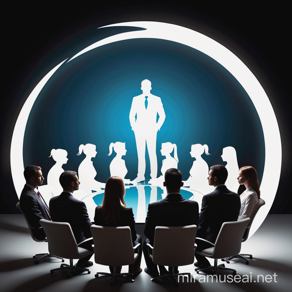create an abstract symbol of silhouetted business people listening to a story being told by a visionary CEO
