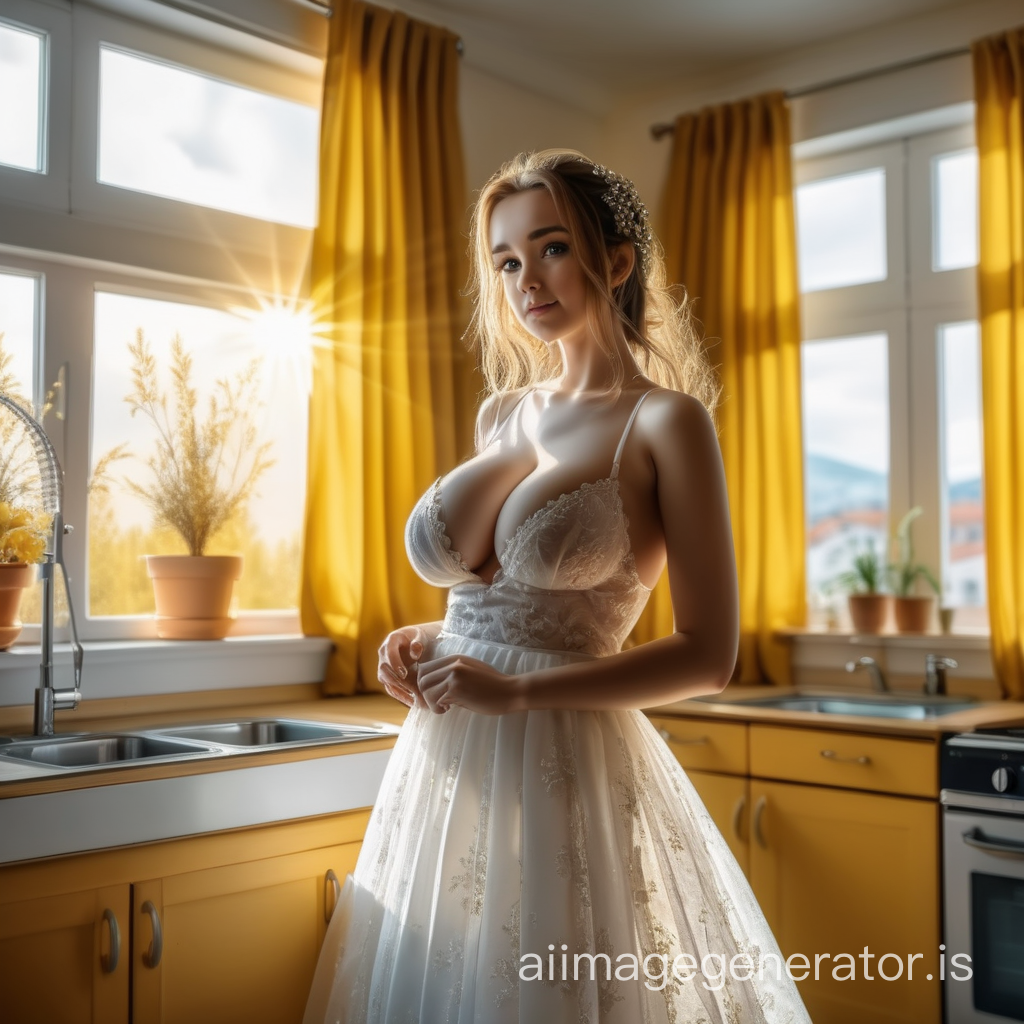 hight realistic A cute sexy girl with big tits in a wedding dress is standing in the kitchen. yellow curtains on the window hight realistic photo style. sunrays. very high quality.