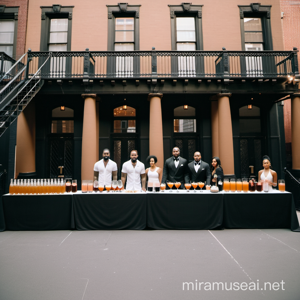 Create a block party by the Brooklyn Nets and Hennessy cocktails with black food vendors, an art gala, cocktail area, and music artist, emphasize on the community aspect, include brownstones in the back