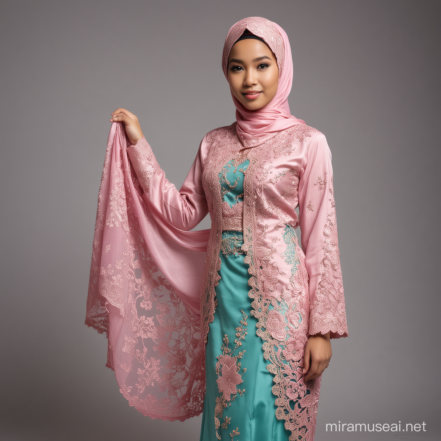 malay girl wearing traditional kebaya, full body with hijab



