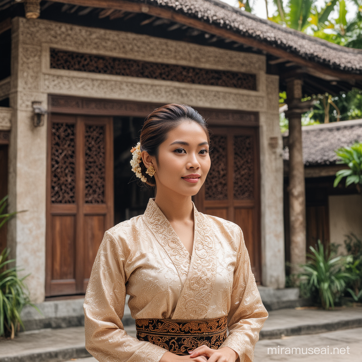 Balinese Woman in Traditional Attire Standing by Balinese House