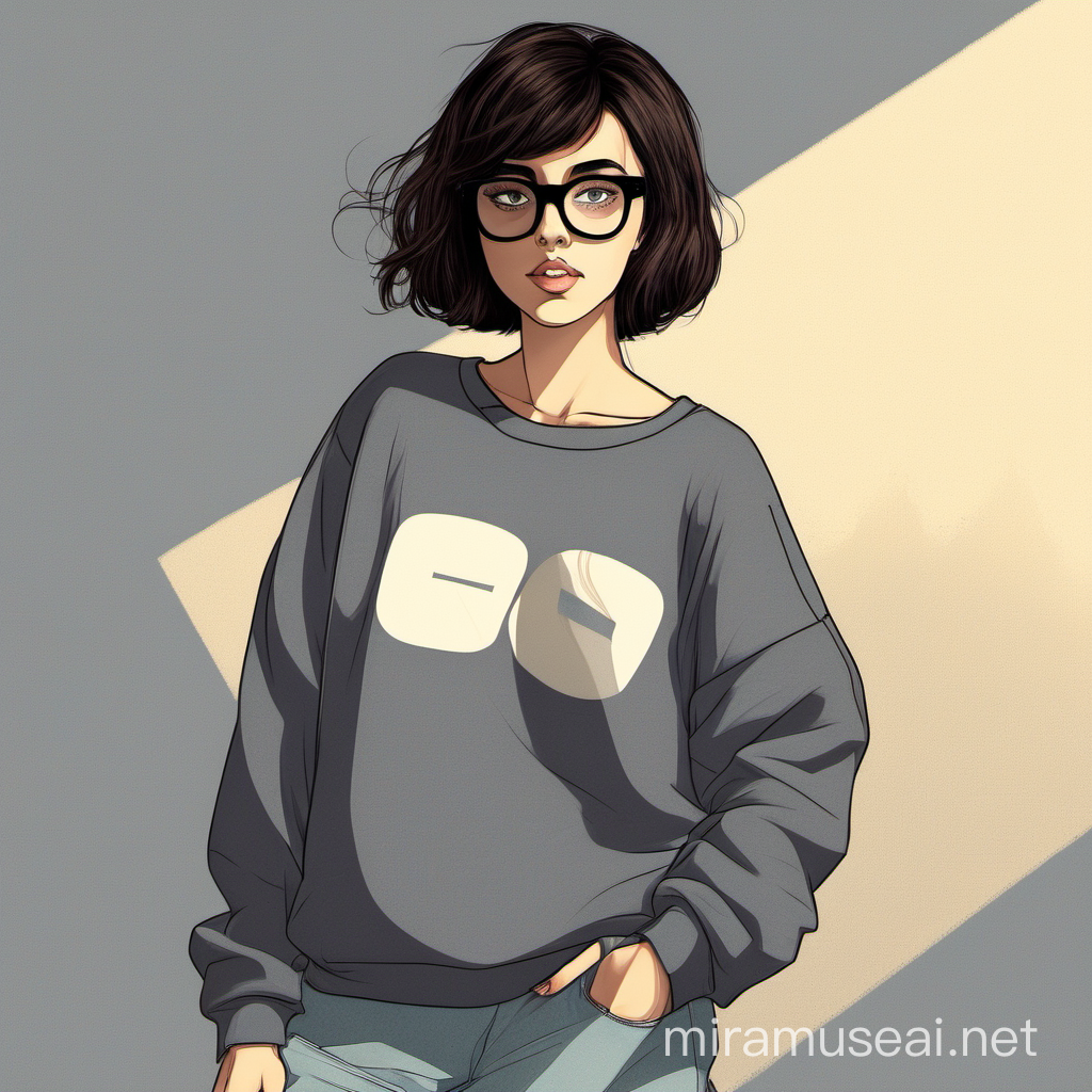 girl, short brunette hari, baggy sweatshirt, wearing big glasses