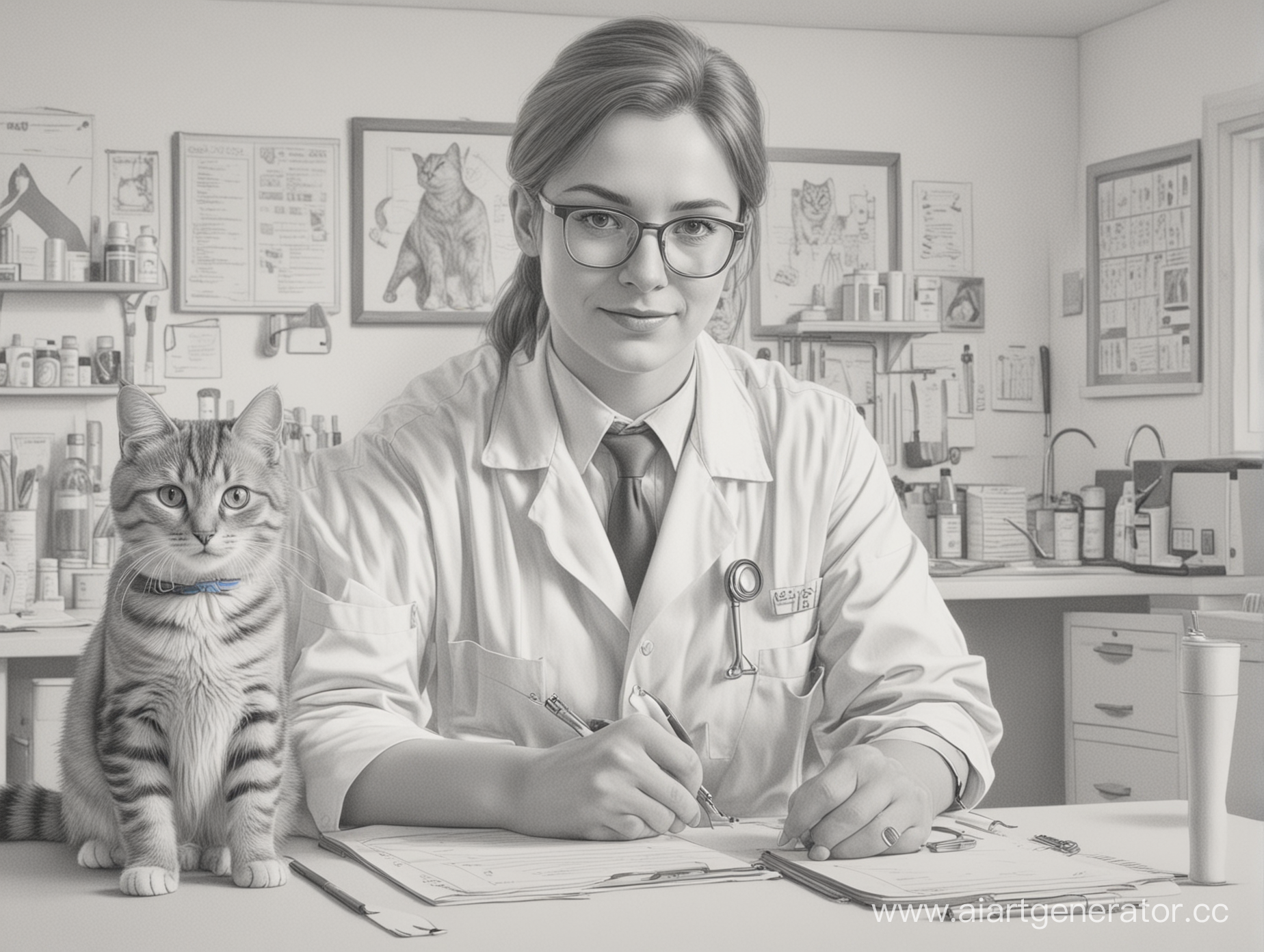 characters, a veterinarian with a cat, a veterinary office in the background, drawn in pencil, 4k