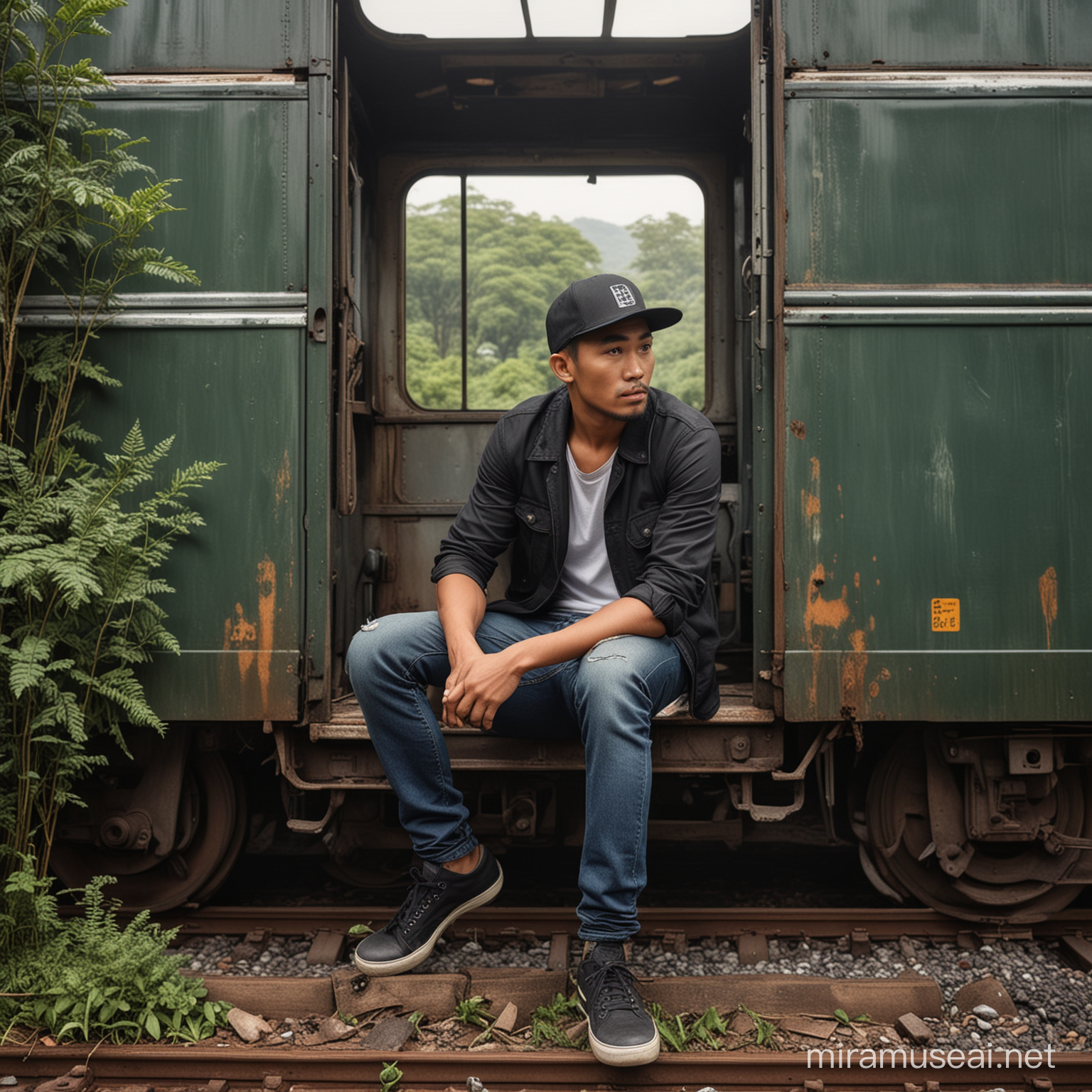 make a very realistic picture of a handsome indonesian man aged 30 years, wearing black cap, casual clothes, jeans, sneakers, sitting at the door of a stopped train carriage, the train carriage is damaged and dusty and overgrown with bushes and moss, train station background old unused in the rainforest, cloudy weather