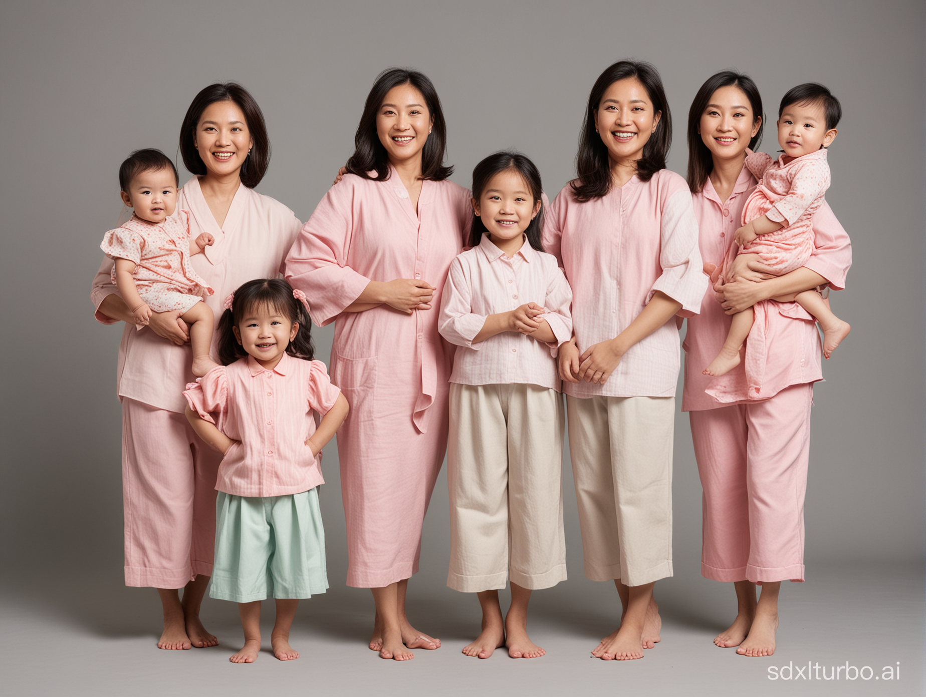 A GROUP OF 4 asian MOMS AND 4 KIDS POSING IN STUDIO SOFTLY, FRIENDLY