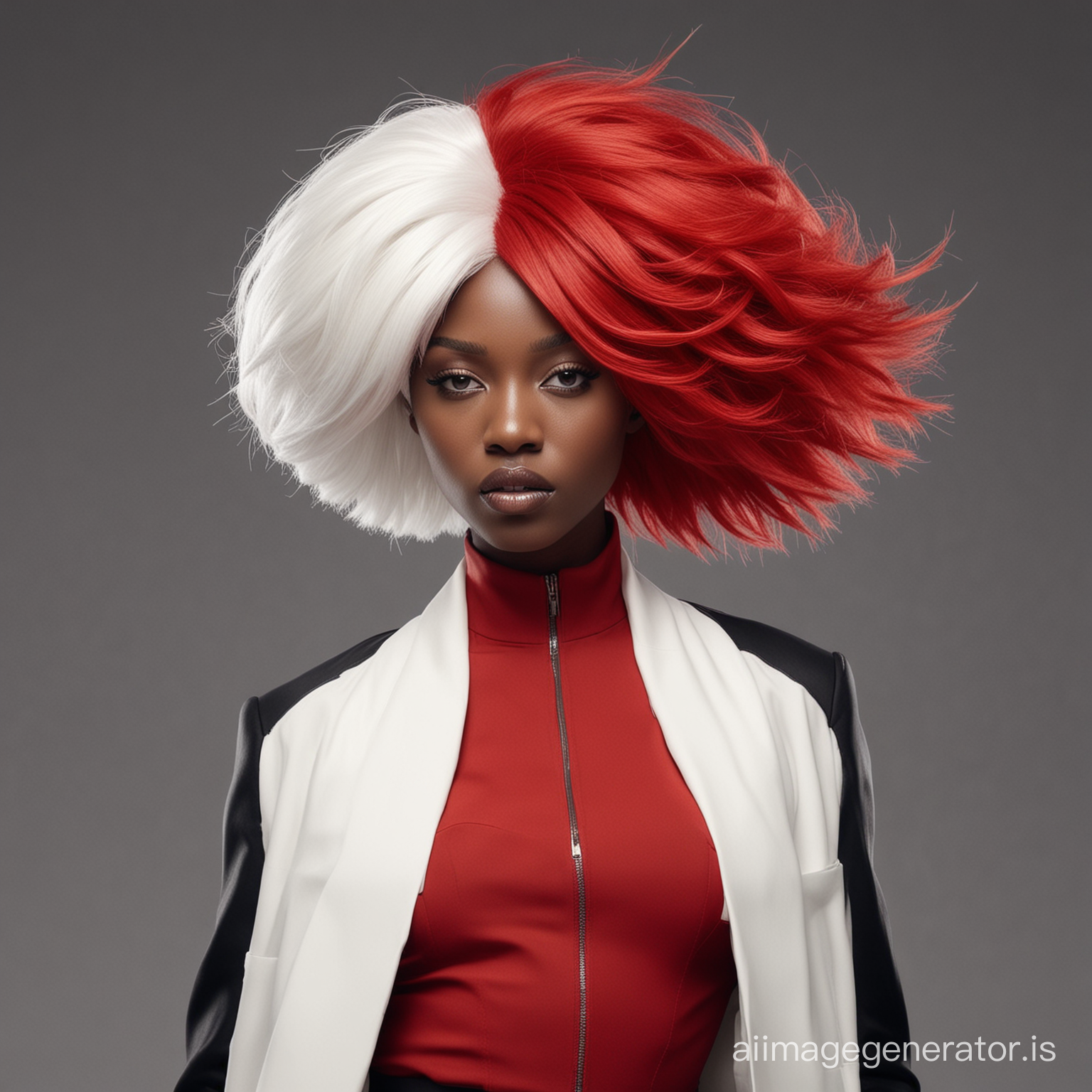 minimalistic and sleek. Hyperrealistic. Black woman female model in Vera wang extremely dramatic inspire garments. White bob paper made wig as hair. Dressed in red. Regal and edgy. Intricate fashion styling. Oversized flowing red hair. Hd. subsurface scattering