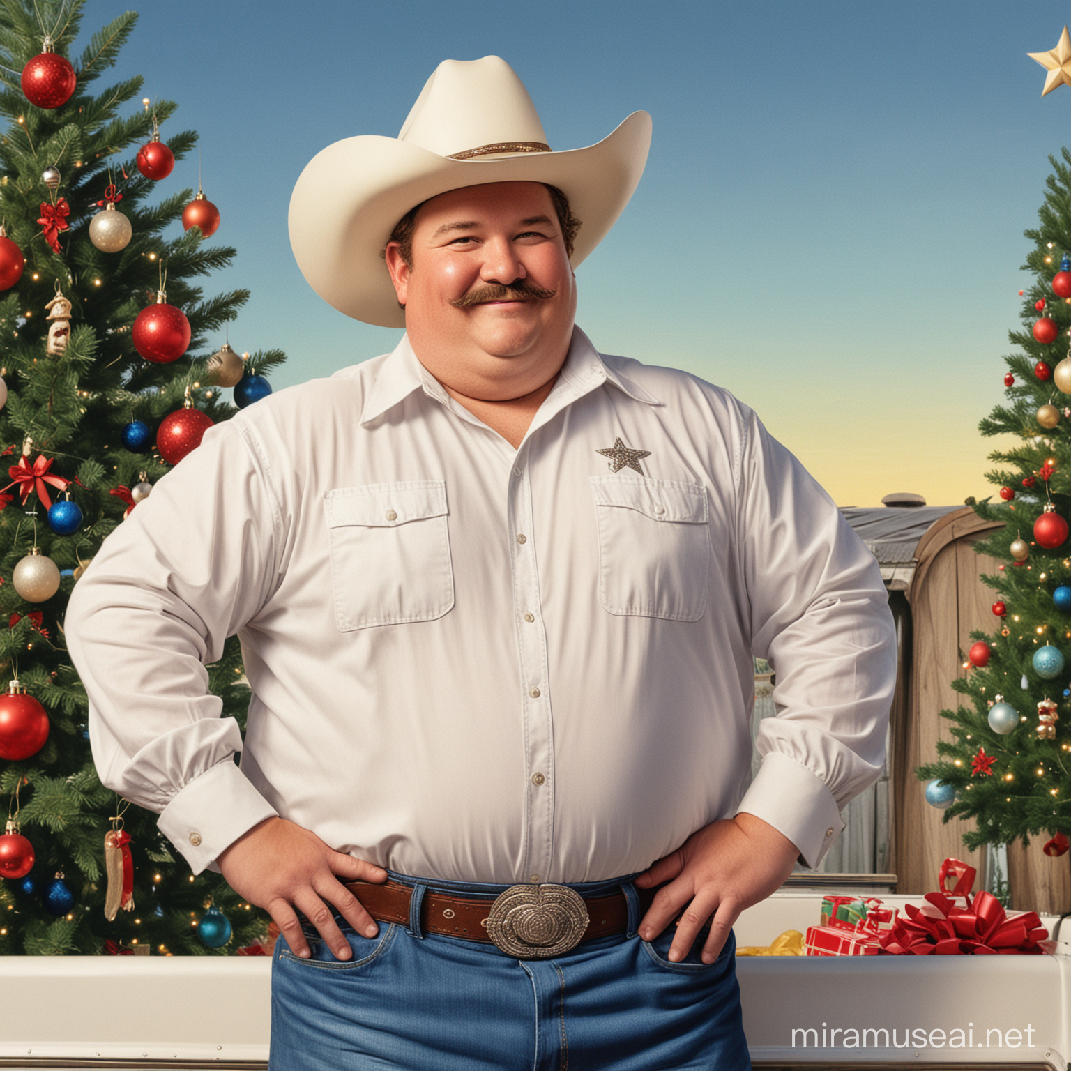 A poster of a obese man from Texas, mustache, wearing a white cowboy hat, crossing his arms, standing behind a Christmas tree, smiling, Standing behind a pickup truck