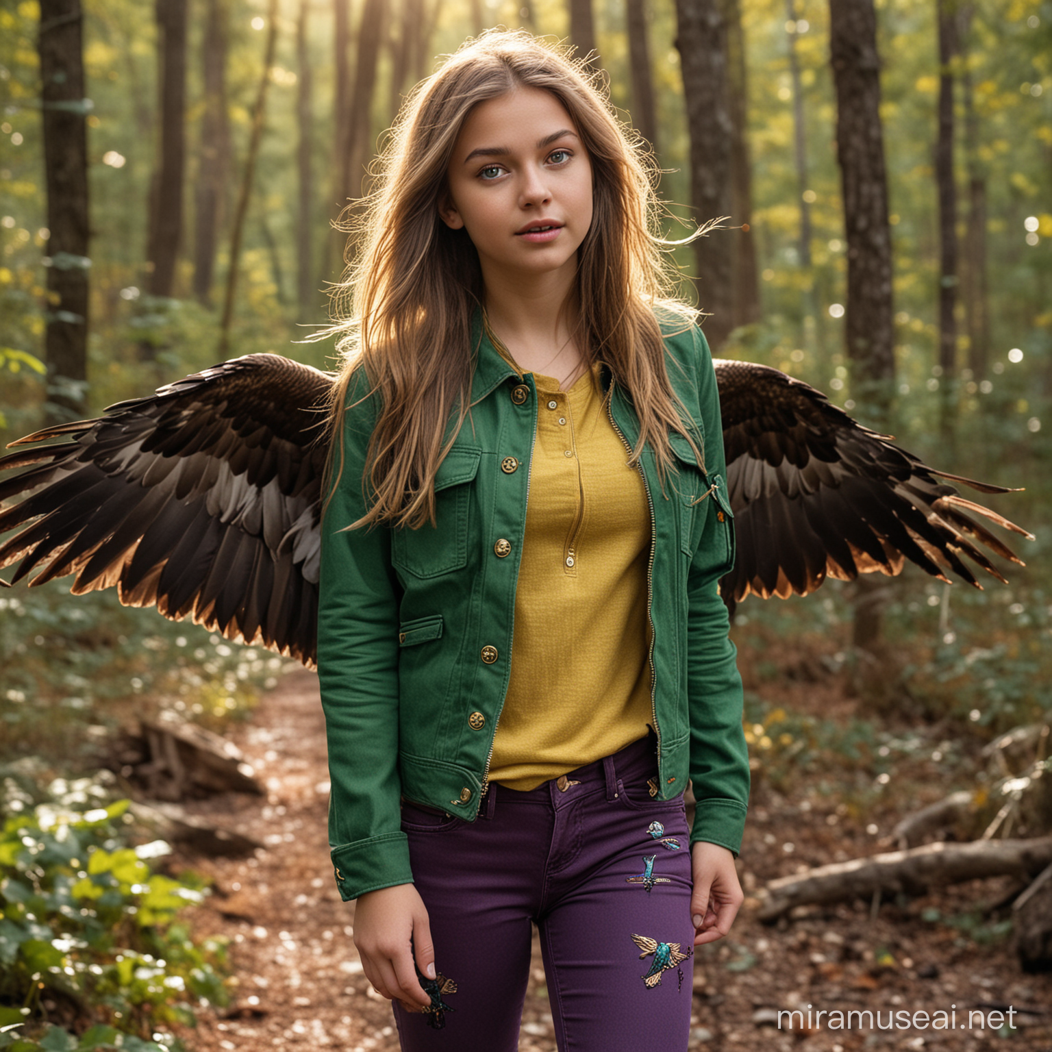 young girl with purple waist long hair wearing forest green jeans with knee patches and a slightly bright emerald green top. Emerald green eyes. wearing a merging shade of green jacket with purple elbow packets on the jacket. The jacket has a golden zipper and decorated with gold stud. She is flying on the back of a wedgetail eagle over the woods with a sunset behind. Mystical style
