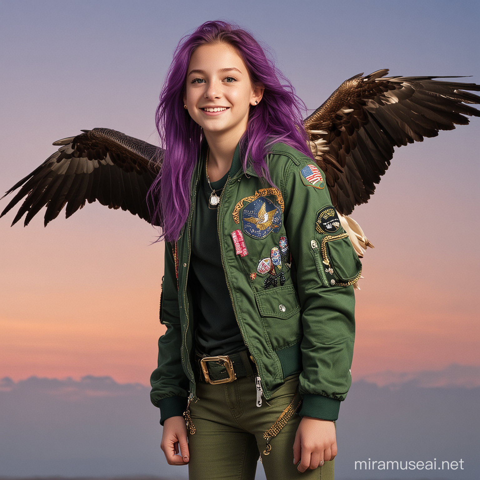 young girl with crooked teeth is flying on the back of a wedgetail eagle. She has long purple hair and is wearing forest green jeans with knee patches and a slightly bright emerald green top. She has Emerald green eyes. She is wearing a merging shade of green jacket with purple elbow packets on the jacket. The jacket has a golden zipper and decorated with gold studs. There is a sunset in the background. Mythical surrealism style
