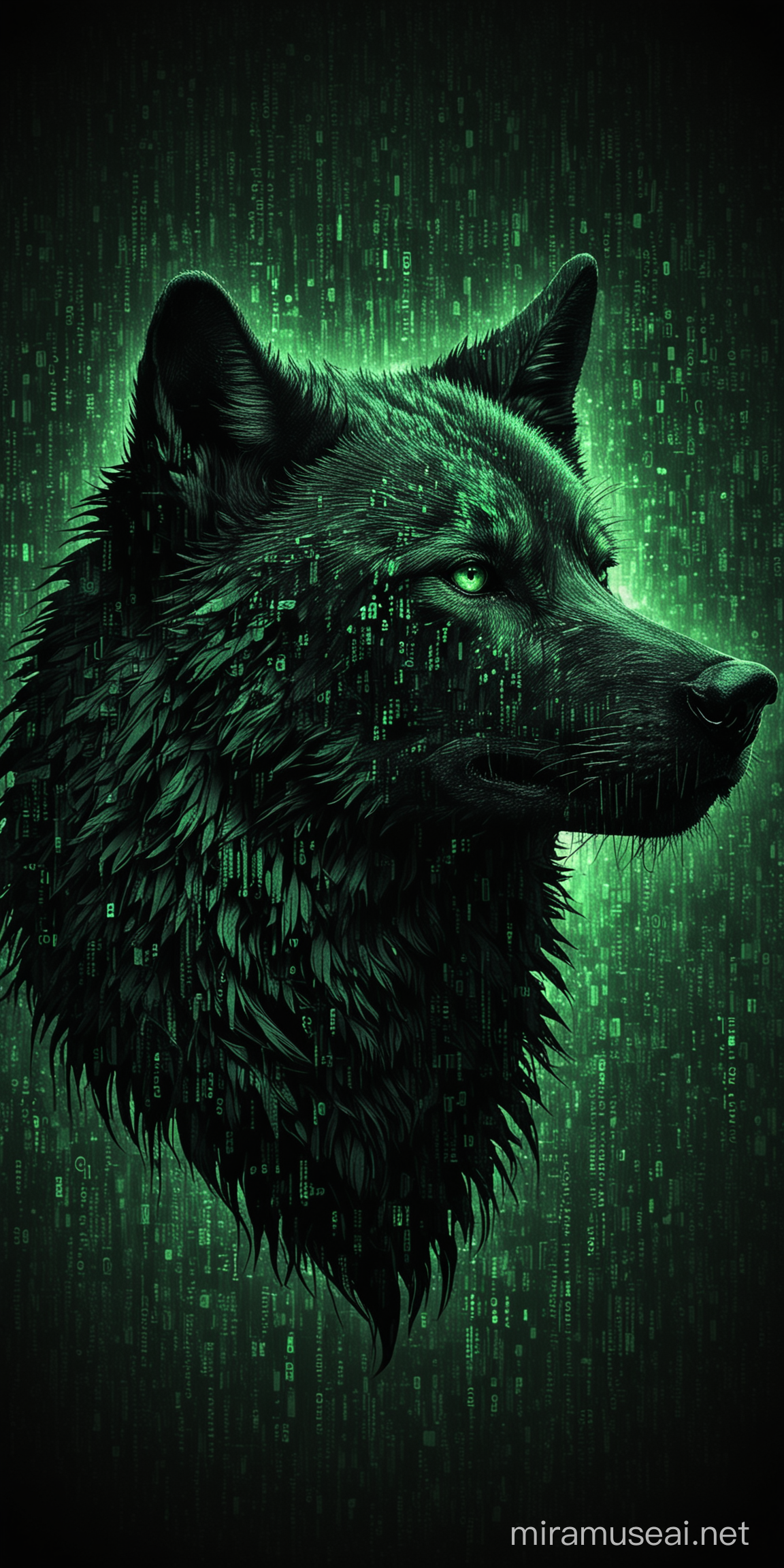 Wallpaper of a wolf head silhouette in black with green matrix coding in the background.