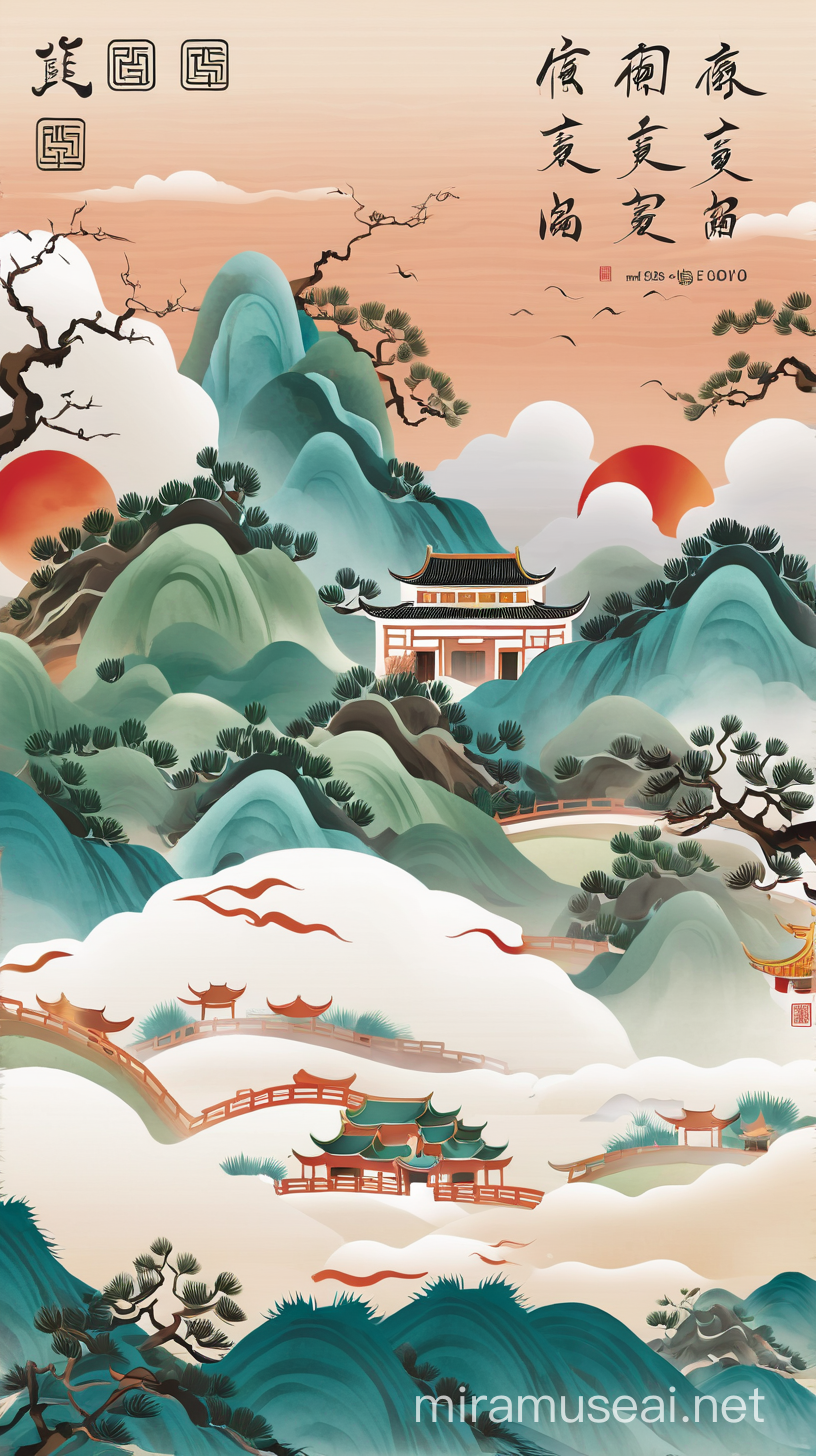 设计一个贺卡封面，有中国山水画的感觉