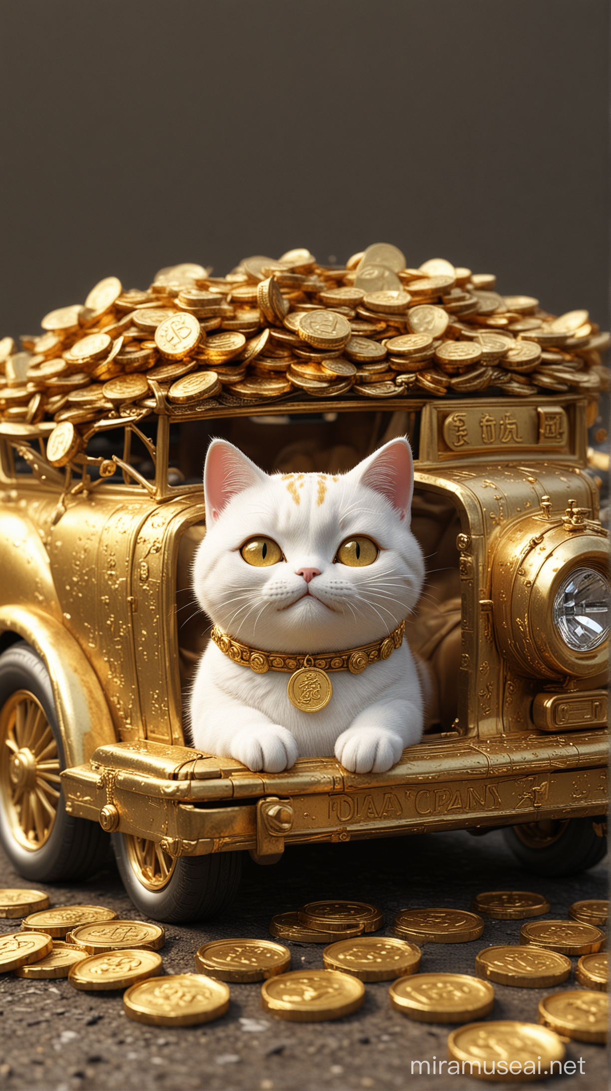 A cute Lucky Cat is lounging on an old car made of gold coins, in the style of 32K ultra-high-definition, cartoon-like illustration, with photo-realistic hyperbole. The aspect ratio is 9:17.