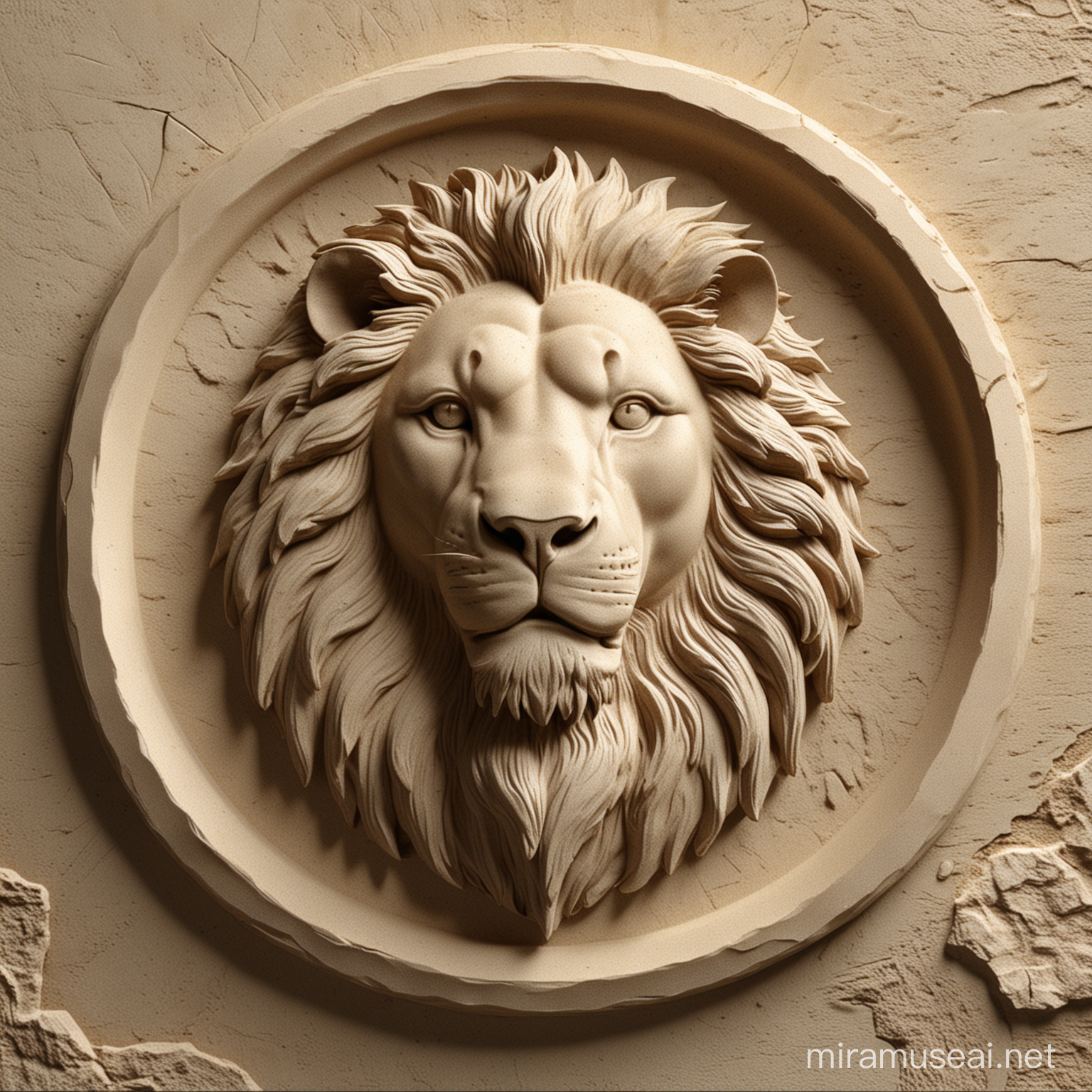 Lion 3D Relief Engraved on Round Stone Surface with Soft Lighting