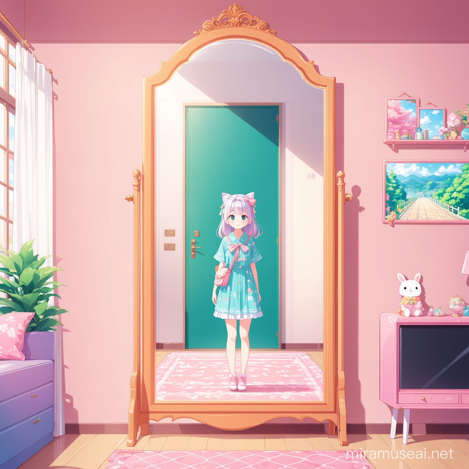 Serene FullLength Mirror Illustration in Kyoto Animation Style