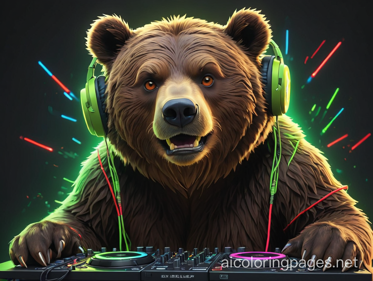 A DJ grizzly bear with neon yellow headphones and neon green lights with neon red and blue light sabers, Coloring Page, black and white, line art, white background, Simplicity, Ample White Space. The background of the coloring page is plain white to make it easy for young children to color within the lines. The outlines of all the subjects are easy to distinguish, making it simple for kids to color without too much difficulty