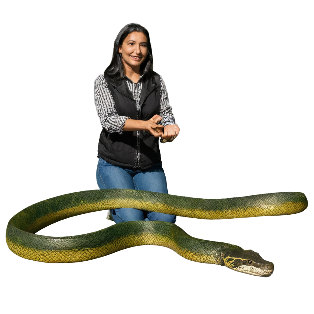 Generate an image prompt showing the size comparison between a Green Anaconda and a human to illustrate the massive length potential of the snake.
