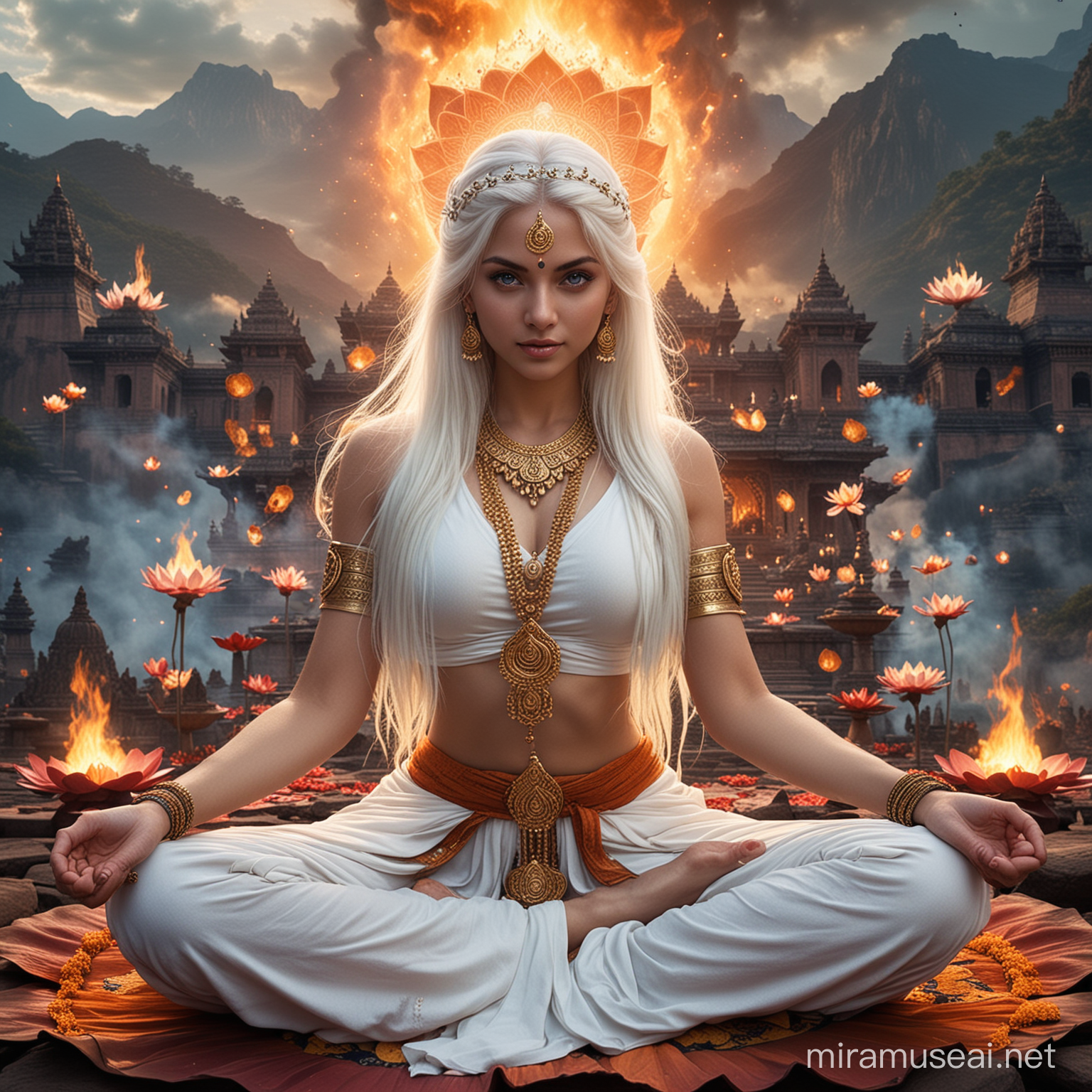 Empress Goddess in Lotus Position Amid Mystical Flames and Demonic Hindu Gods