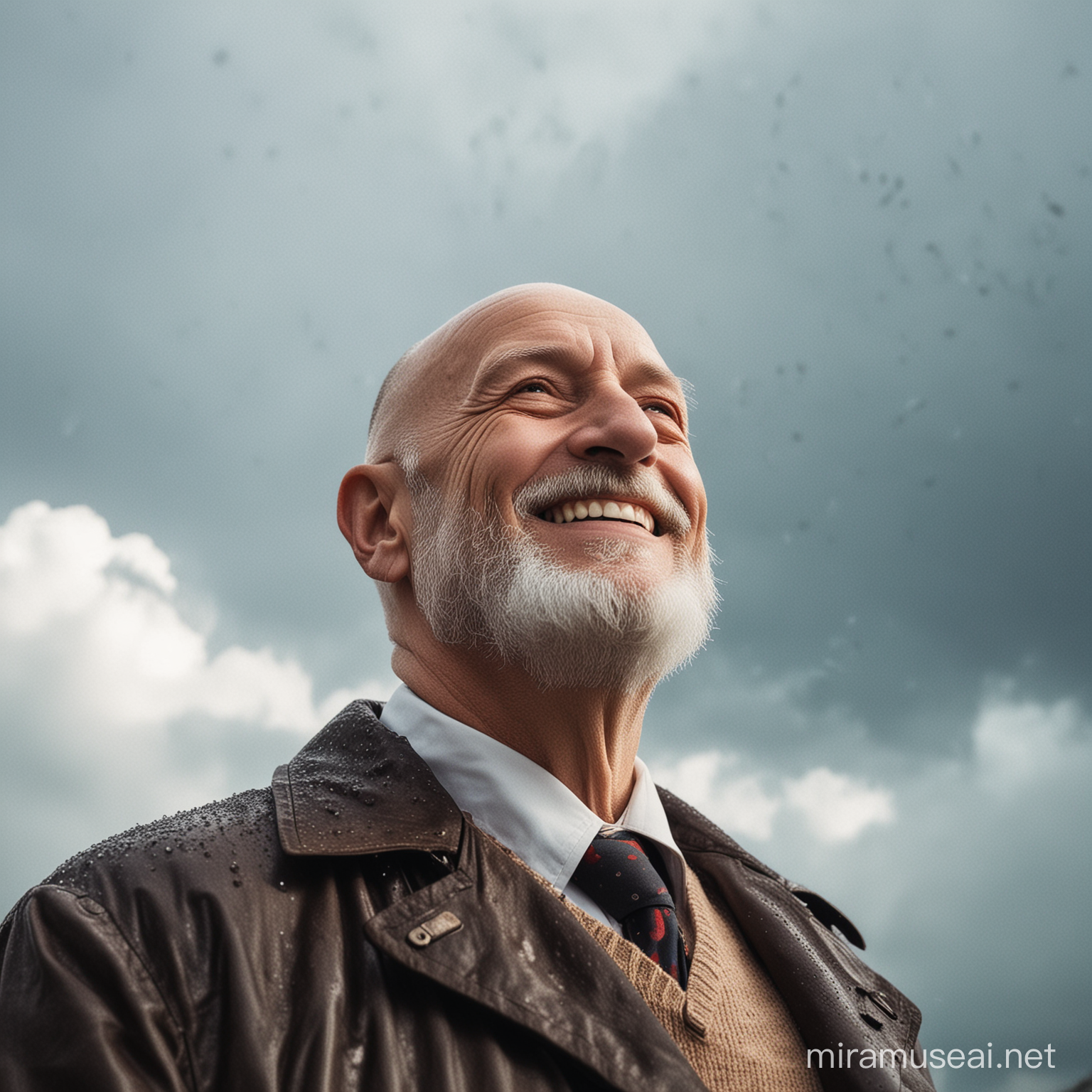 outside is raining An older gentleman bald with a beard looking up at the sky smiling while standing outside