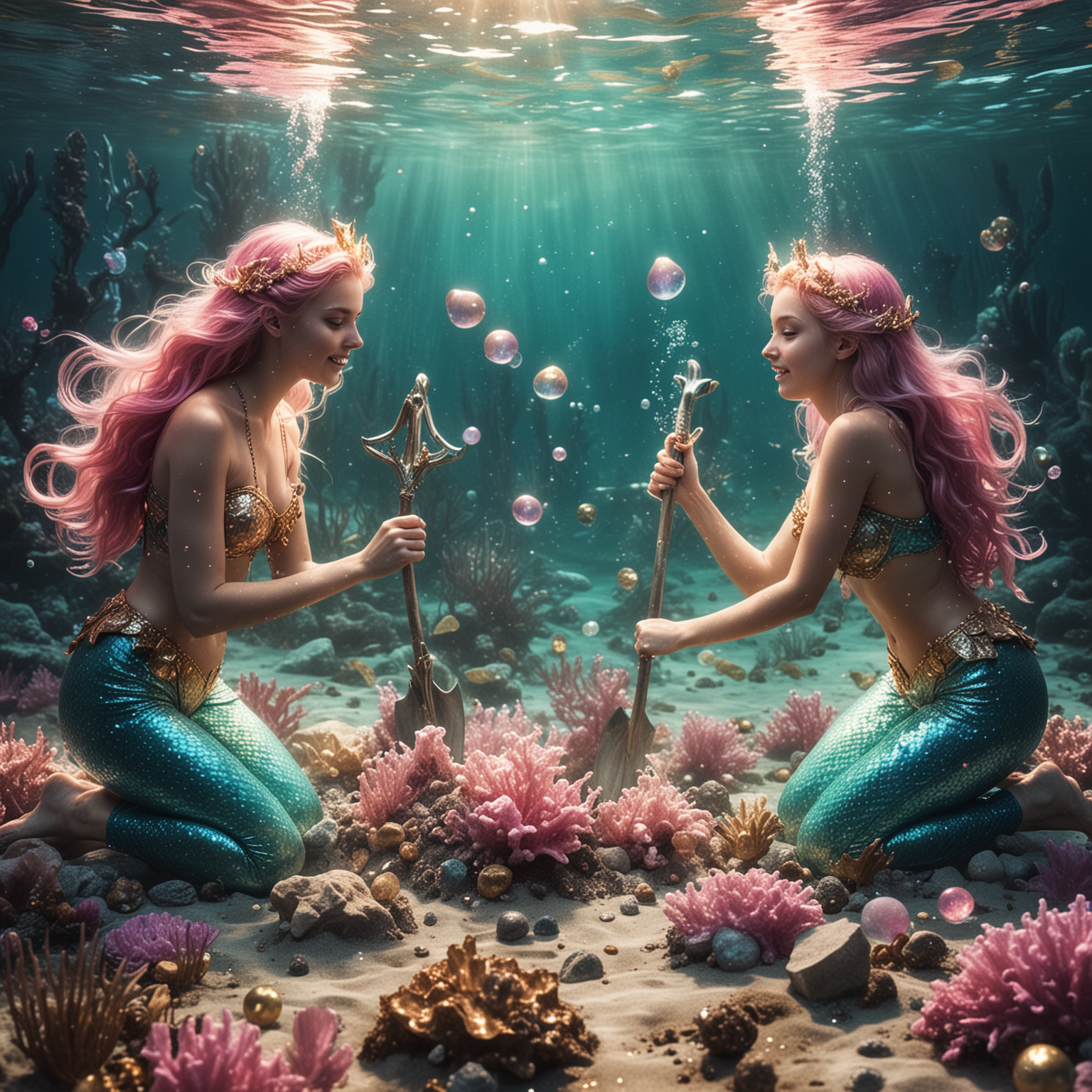 Underwater, two beautiful mermaids, they are digging a grave with shovels, teal, pink, gold, sparkles, bubbles, highlights, high contrast, high light source, the girls are happy, iridescent gems on ocean floor