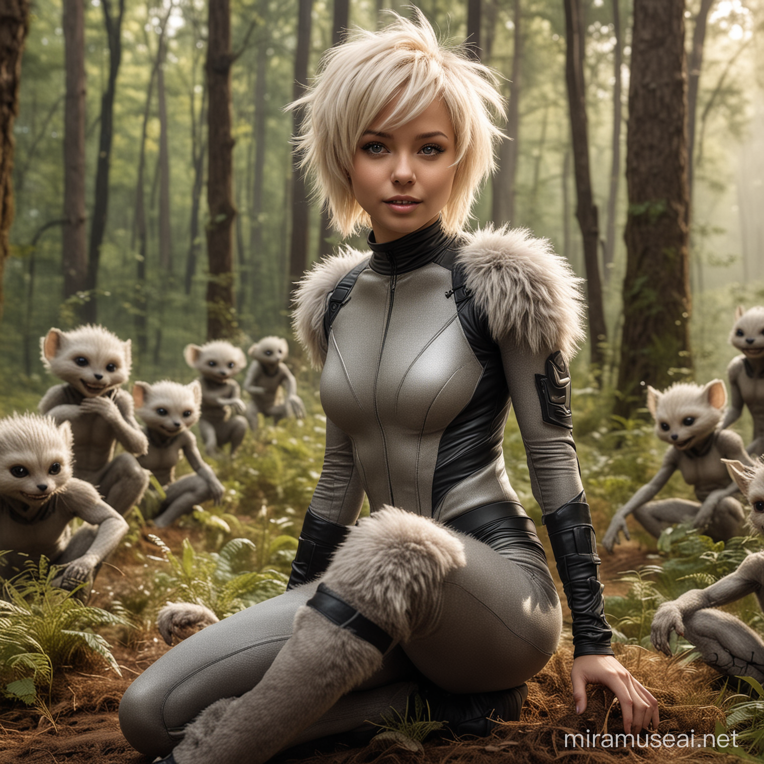 Beautiful petite female sitting as a bunch of furry little fuzz all aliens jump all over her, futuristic skin tight outfit, short blonde hair, tattoos, happy, woodland background, full body