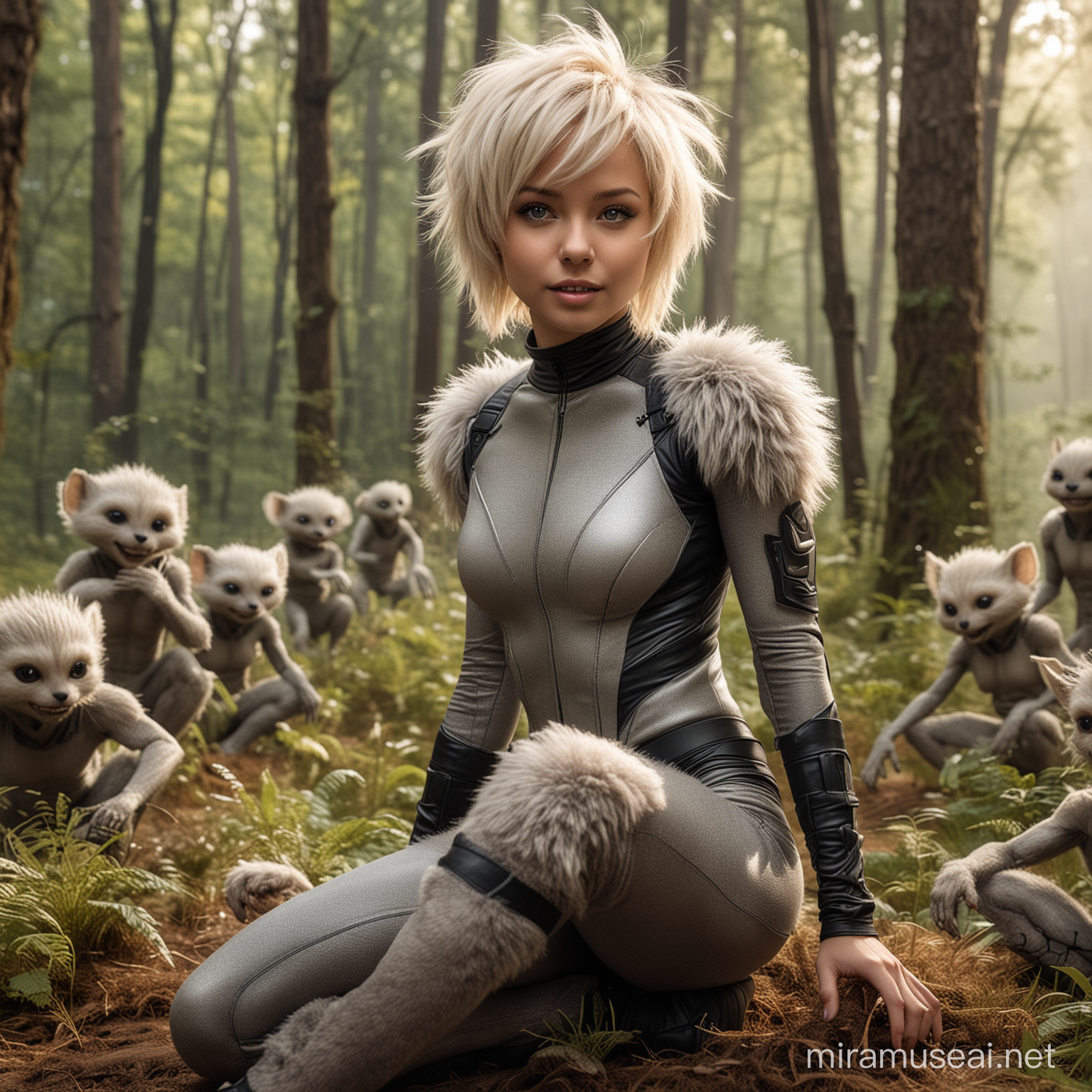 Joyful Petite Female Surrounded by Playful Furry Aliens in Woodland Setting