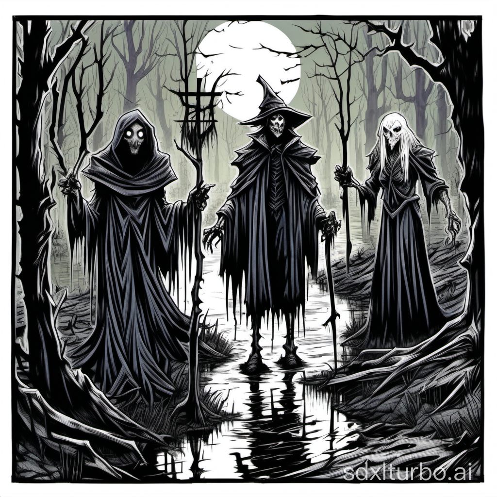 marker art, a scarecrow:ghoul:warlock, and a hag:drow:crone in a swamp, cloudy night, wide shot, 1bit bw, white background, black border, visible cross-hatch, loose lines, style of 1981 Dungeons and Dragons,