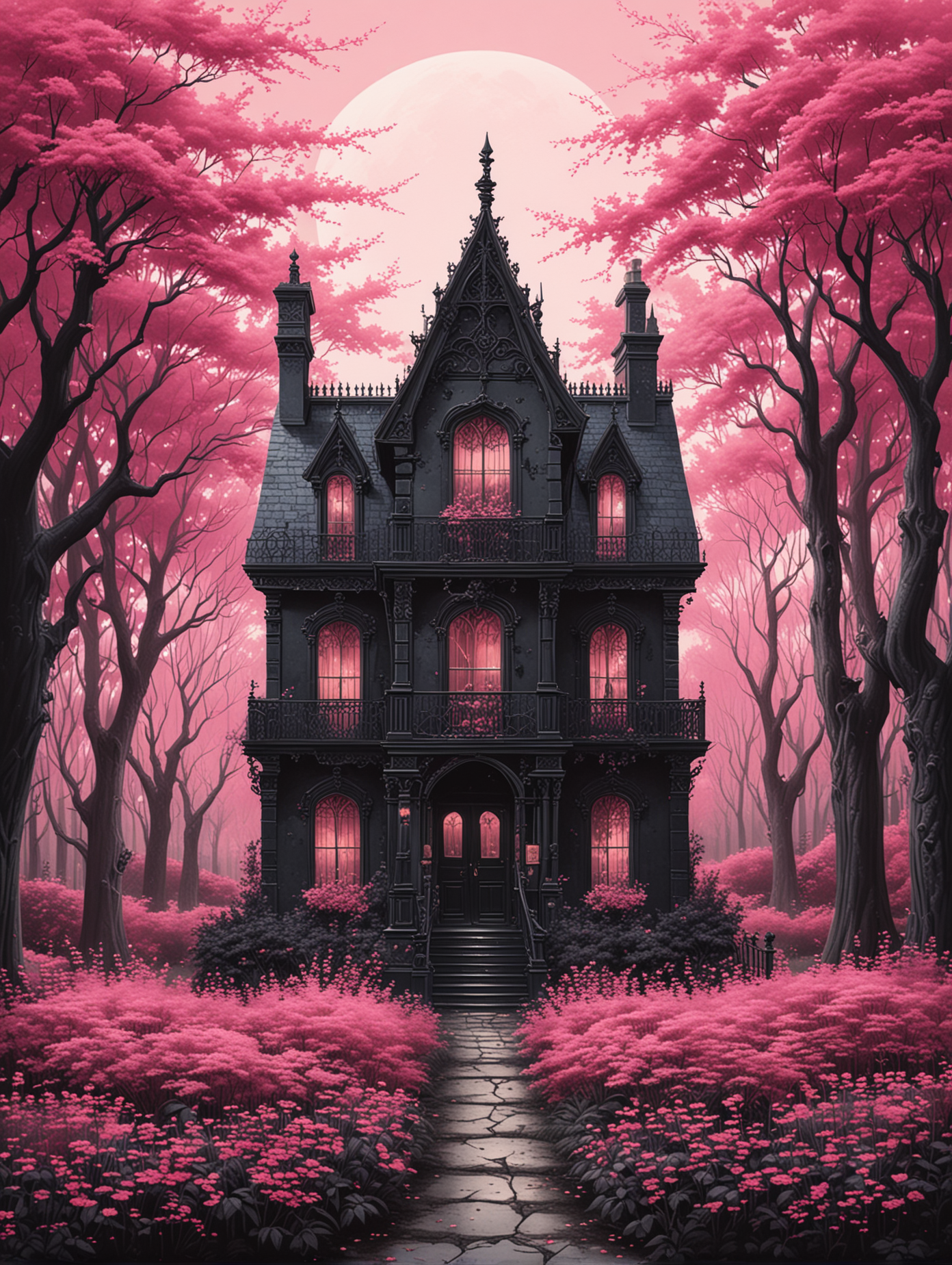 Gothic Black House Surrounded by Pink Bushes in Enigmatic Forest