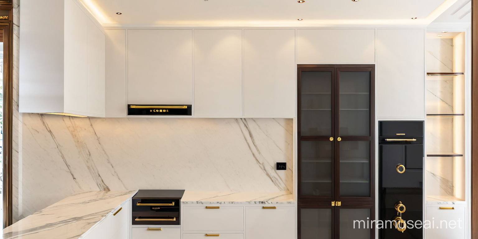 Luxurious Marble Wall Interior with Wood Cabinet and Ceiling Light