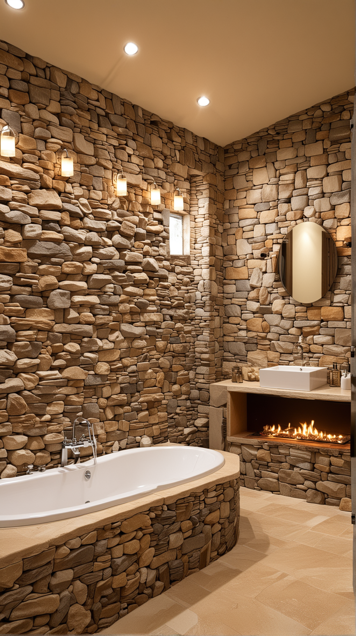 Salle de bain chaleureuse avec un foyer en pierre