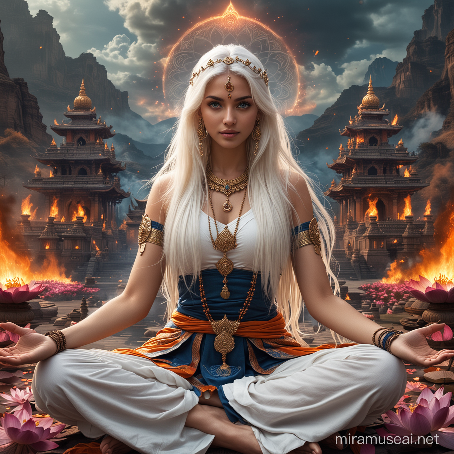 Mystical Hindu Empress in Combat Amidst Fiery Circles
