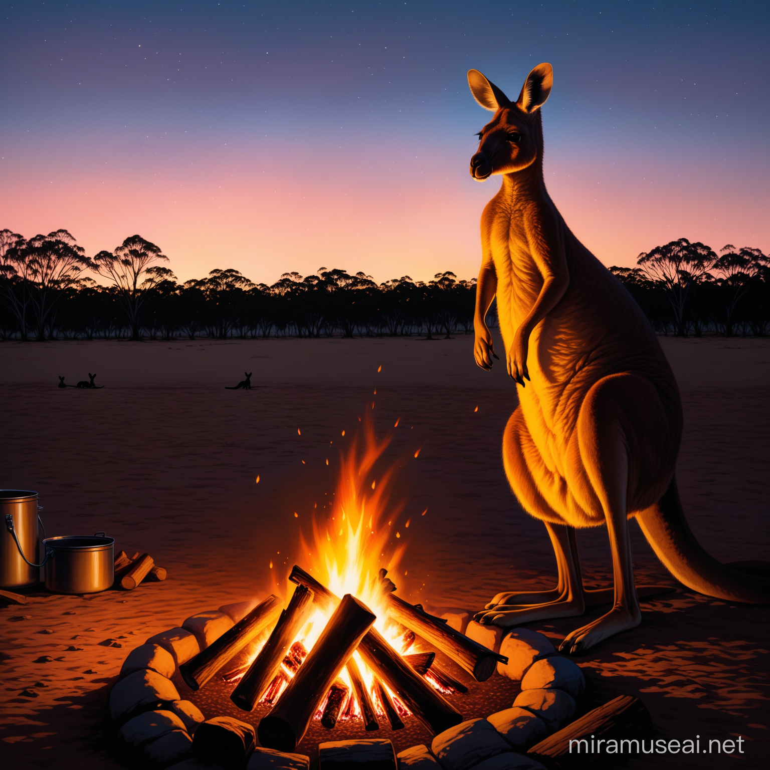 Australia campfire, in the evening, hyper realistic, no people, kangaroo, colourful