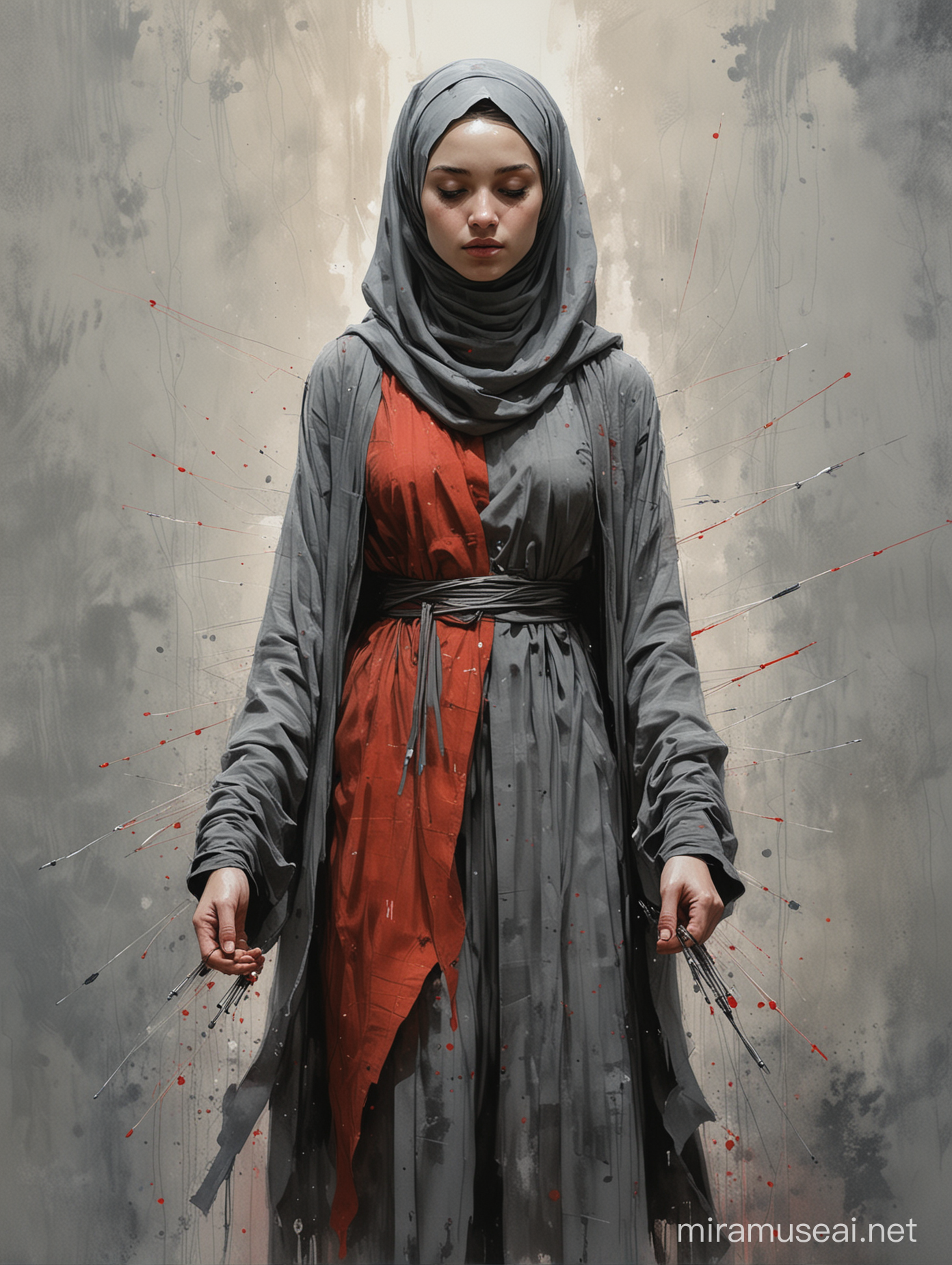 Alex Maleev watercolor painting of young pale thin-faced pleased padawan girl child wearing hijab and ragged gray youngling attire levitating small acupuncture needles, standing, front view, red and gray color scheme, dim shadowy lighting, broad watery strokes, masterpiece
