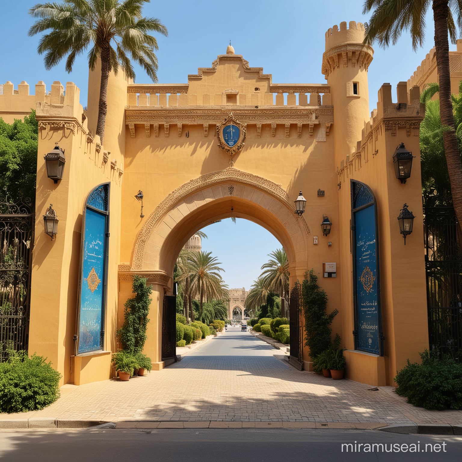 🌟 Step through the majestic gates of Qalyubia Governorate, adorned with a shield-shaped entrance echoing strength and security, flanked by meticulously landscaped greenery reminiscent of our lush surroundings. 🏞️  At the entrance, eye-catching kiosks seamlessly blend with the landscape, featuring a harmonious blend of blue, orange, white, yellow, and beige, reflecting the vibrant hues of our coastal waters, golden sands, and historic architecture. 🏰  Dynamic display screens at the gates provide precise taxi fees for travelers, while designated lanes ensure swift access for vehicle owners, all under the watchful gaze of the castle motif, symbolizing our rich cultural heritage. 🚗✨  Embark on your journey through Qalyubia, where every entrance is an invitation to explore the beauty and charm of our enchanting city. 🌟