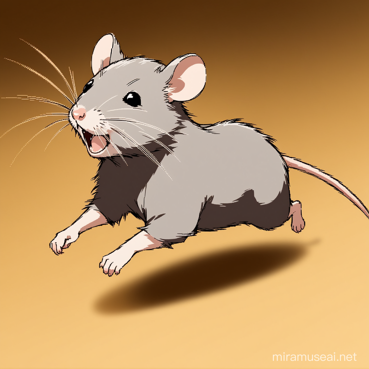 Generate animation picture of a ash colour rat runing after a small boy of six years old