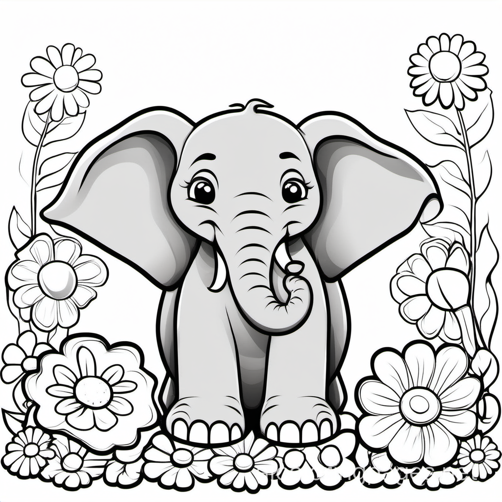 A smiling baby elephant basking in the sun, surrounded by beautiful flowers, kids coloring book, very thick line, colorless, simple drawing, cartoon, white background, no color., Coloring Page, black and white, line art, white background, Simplicity, Ample White Space. The background of the coloring page is plain white to make it easy for young children to color within the lines. The outlines of all the subjects are easy to distinguish, making it simple for kids to color without too much difficulty