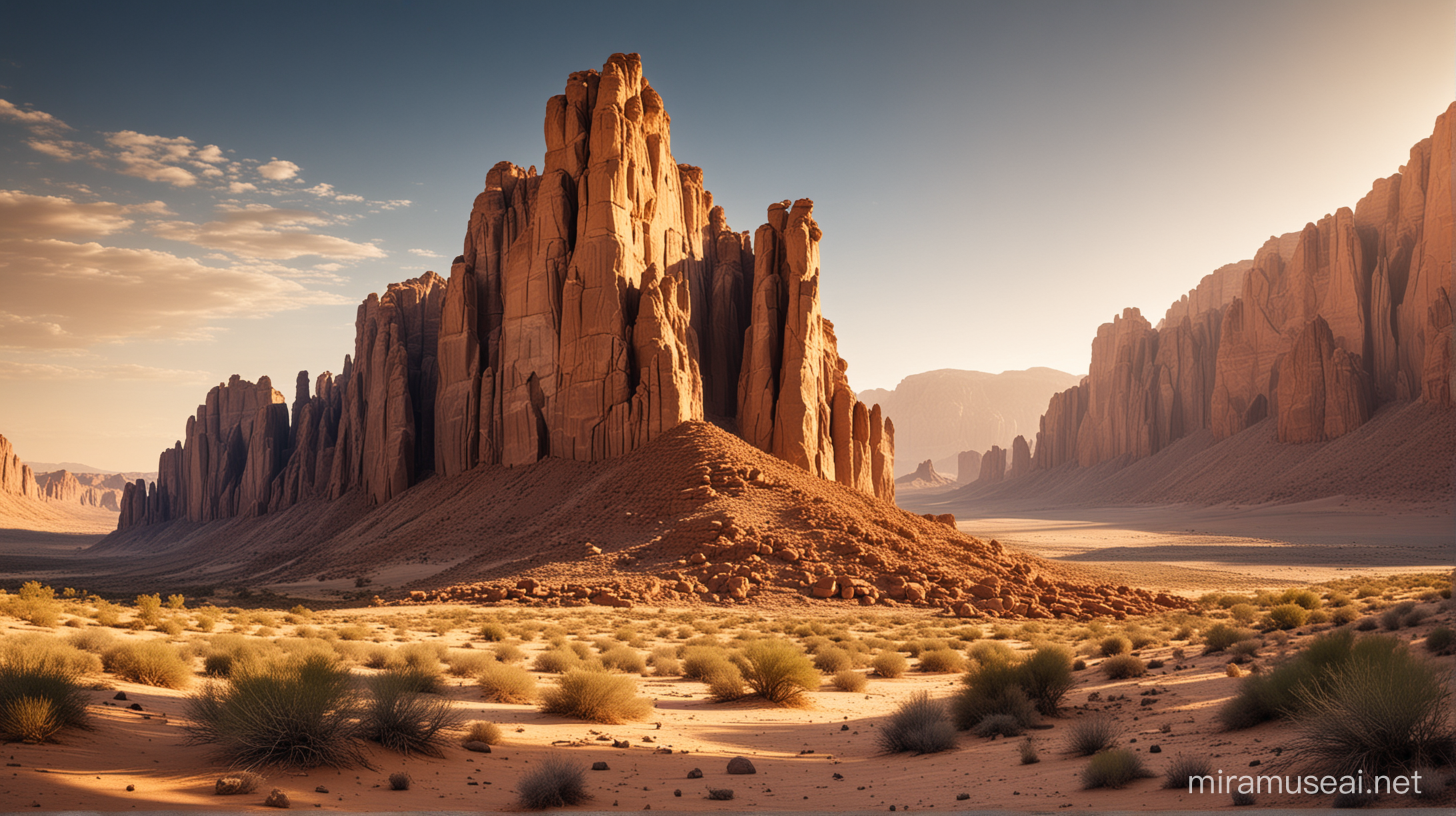Desert Landscape with Towering Rock Cliffs: Explore the Majestic Beauty of a Desert Landscape, Where Towering Rock Cliffs Rise Amidst the Barren Terrain. Using Aesthetic and Natural Photography Techniques, Capture the Serene Grandeur of the Desert, Immersed in the Warm Glow of the Sun. This Stunning Scene Invites You to Witness Nature's Timeless Artistry, Where Every Stone and Every Ray of Light Tells a Story of Endless Wonder and Exploration