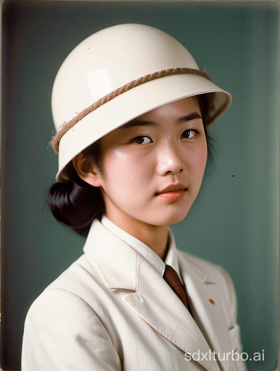 A young Japanese woman with a white pith helmet Wearing a white suit.Colored old head photo, 1955