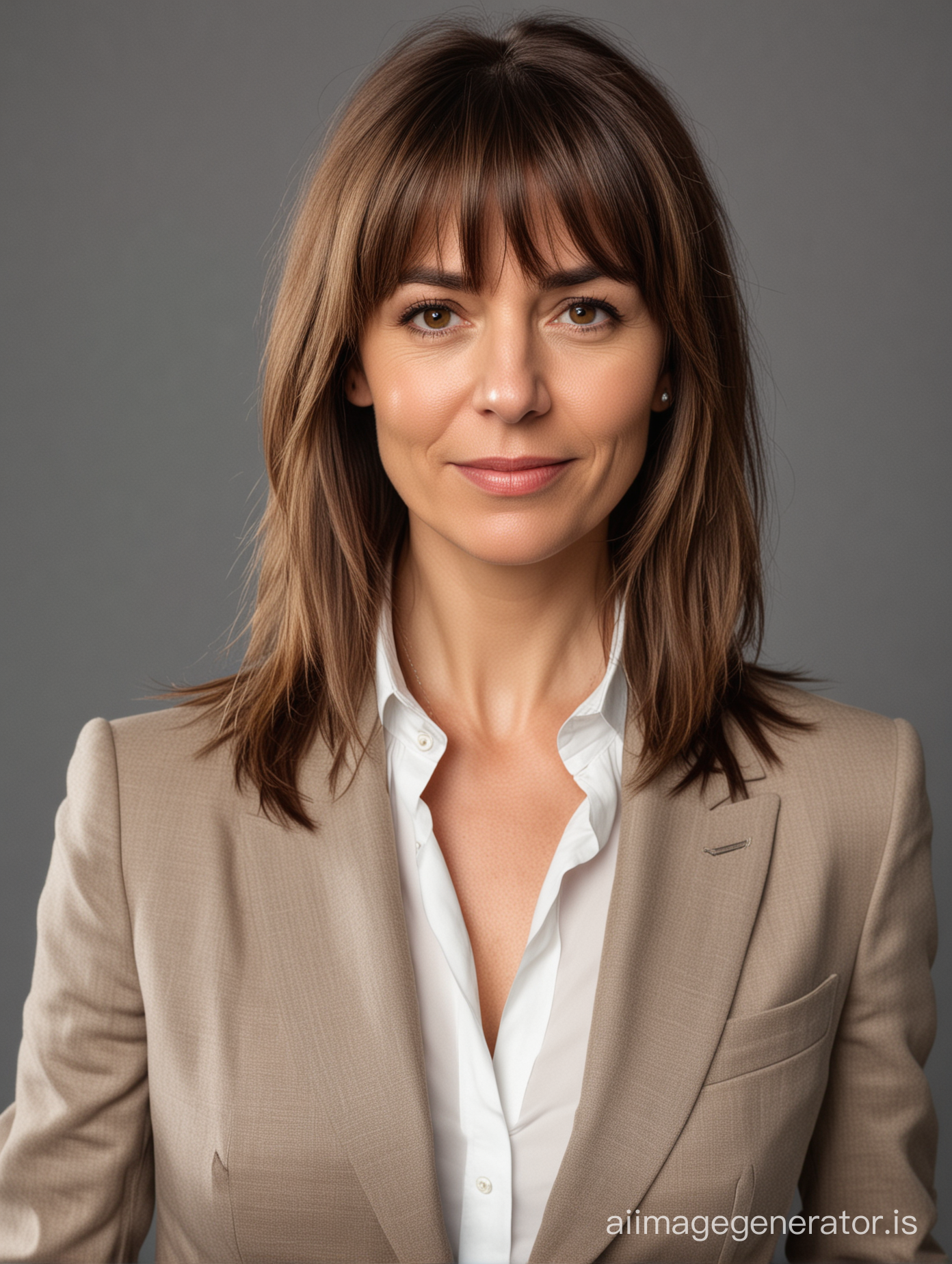 woman in her mid-40s with midlength choppy brown hair and bangs wearing a suit while taking a photo of themself white woman