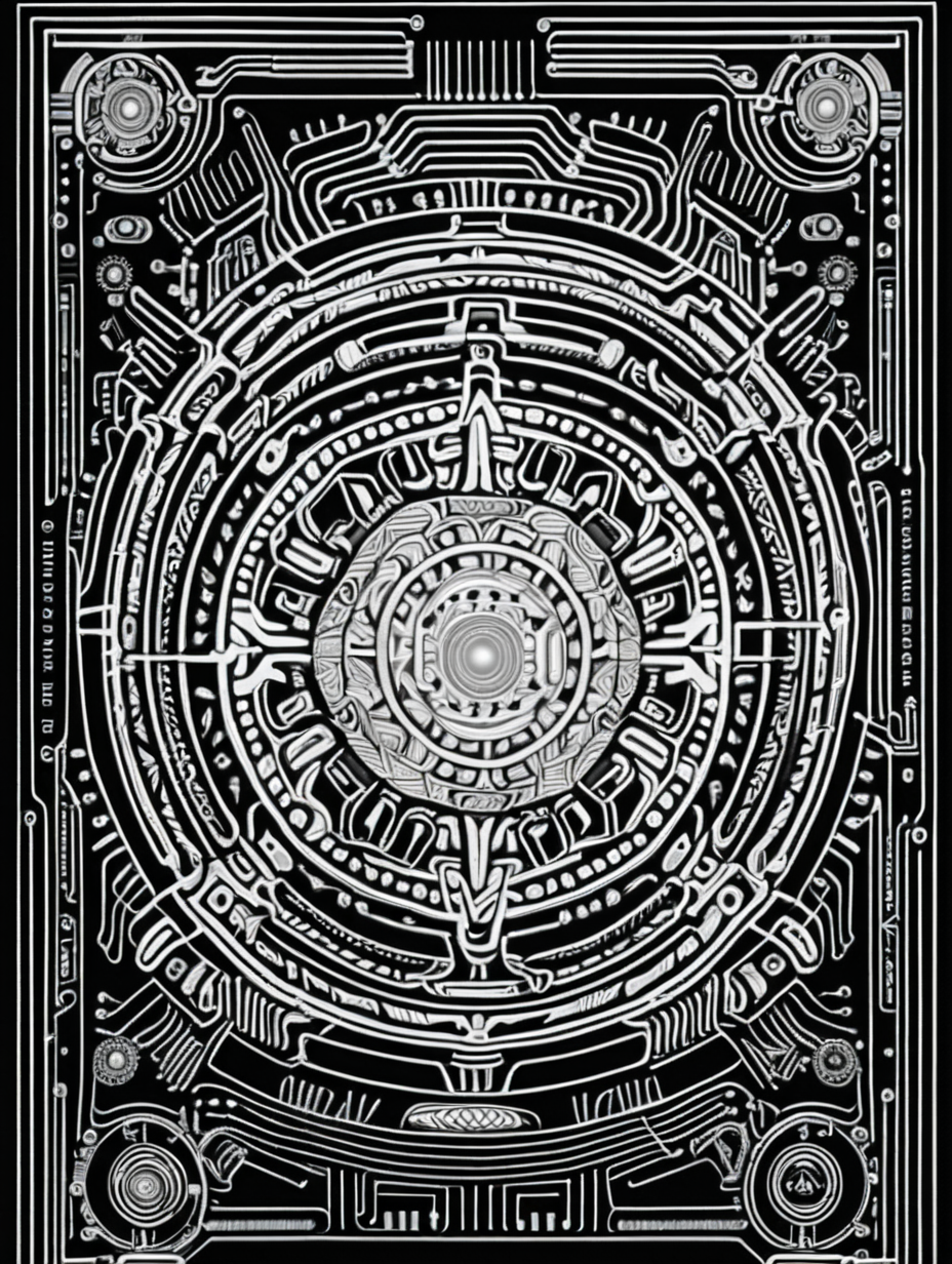 Adult coloring book, mandala, neon grid, cyberfuture style, circuitboard, alien galactic, BLACK AND WHITE, thick black outline, DETAILED BACKGROUND