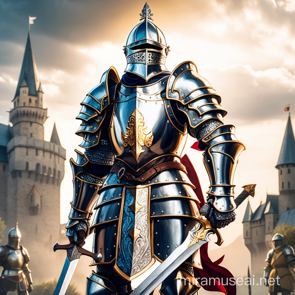 fantasy anime artstyle, valiant knight with a zweihander on his back, platemail armour with knights helmet with a visor, standing triumphant, kingdom background
