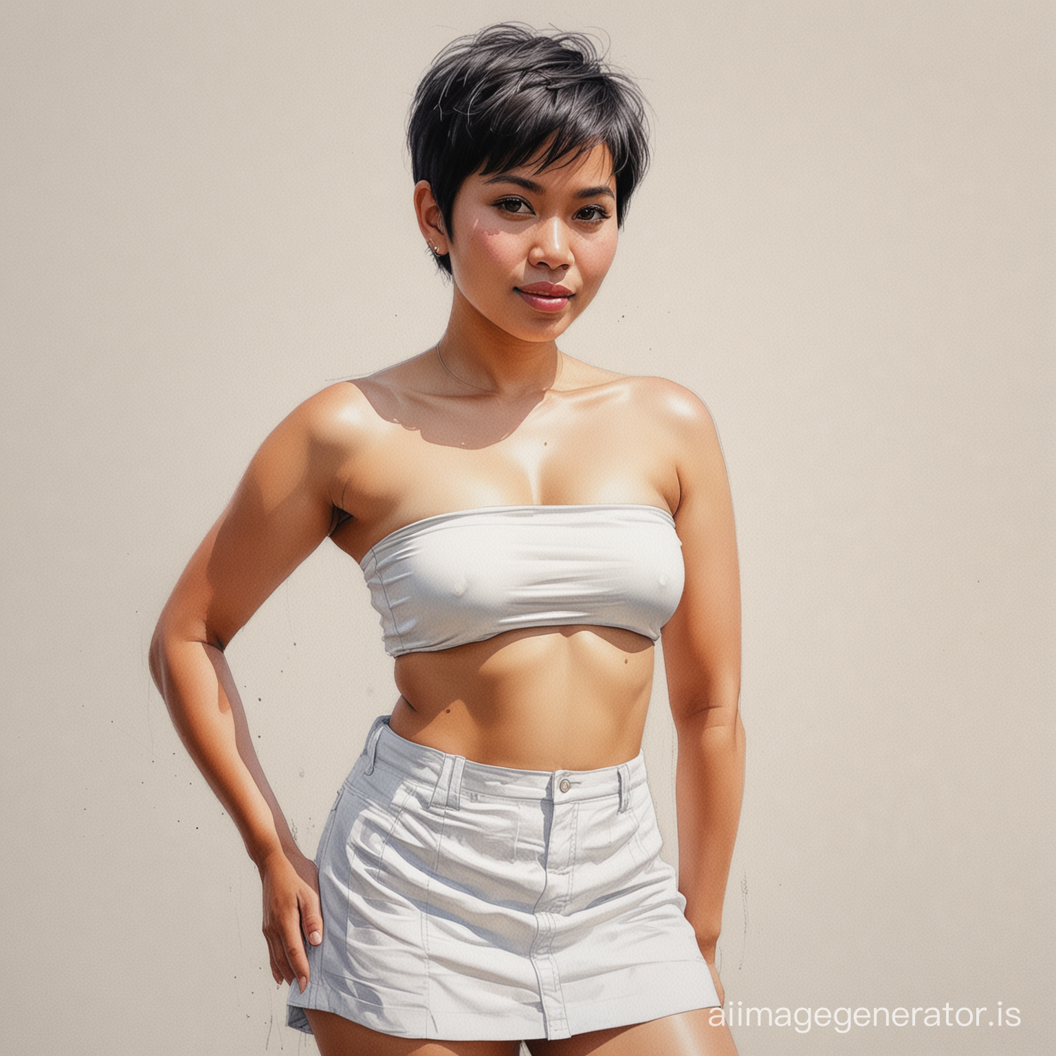 Realistic drawing, watercolor painting, rough line sketch, resulting Indonesian woman, 40 years old, chubby, pixie cut hair, wearing a white tube top, mini skirt, hands on hips, detailed drawing, full shot, natural colors, dynamic pose, HD