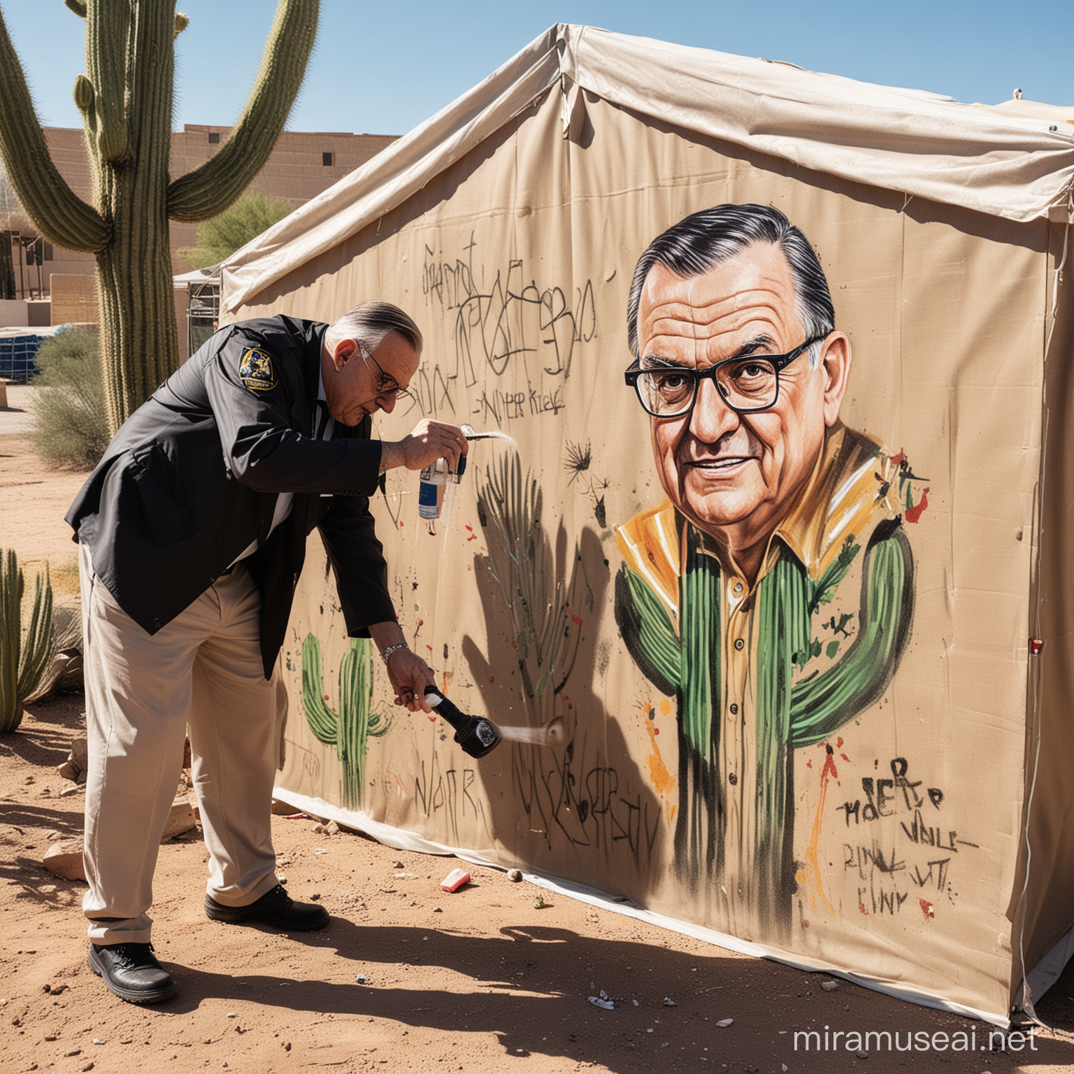Sheriff Joe Arpaio spray painting graffiti on a wall next to a tent and a cactus


