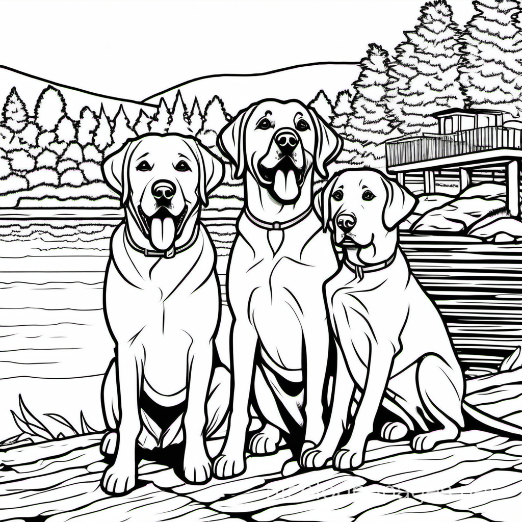 Labrador retrievers by a lake
, Coloring Page, black and white, line art, white background, Simplicity, Ample White Space. The background of the coloring page is plain white to make it easy for young children to color within the lines. The outlines of all the subjects are easy to distinguish, making it simple for kids to color without too much difficulty